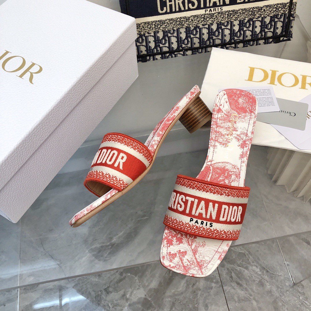 Dior Dioriviera Dway Heeled 35MM Slides in Coral Toile de Jouy Sauvage Cotton