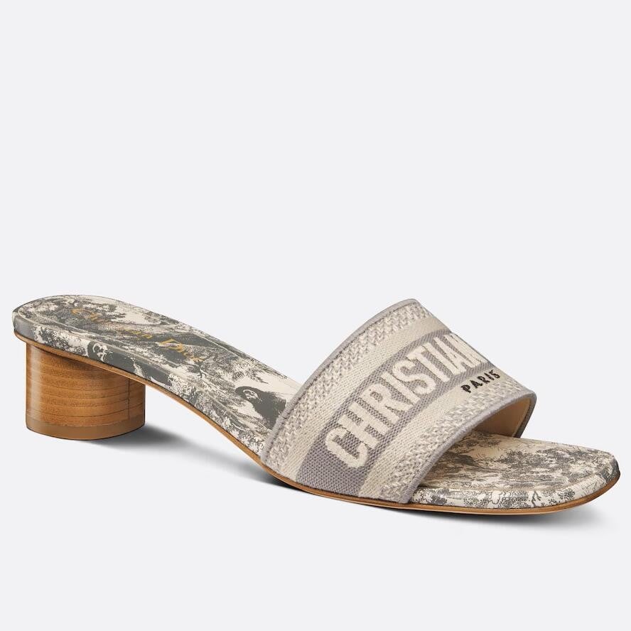 Dior Dioriviera Dway Heeled 35MM Slides in Grey Toile de Jouy Sauvage Cotton