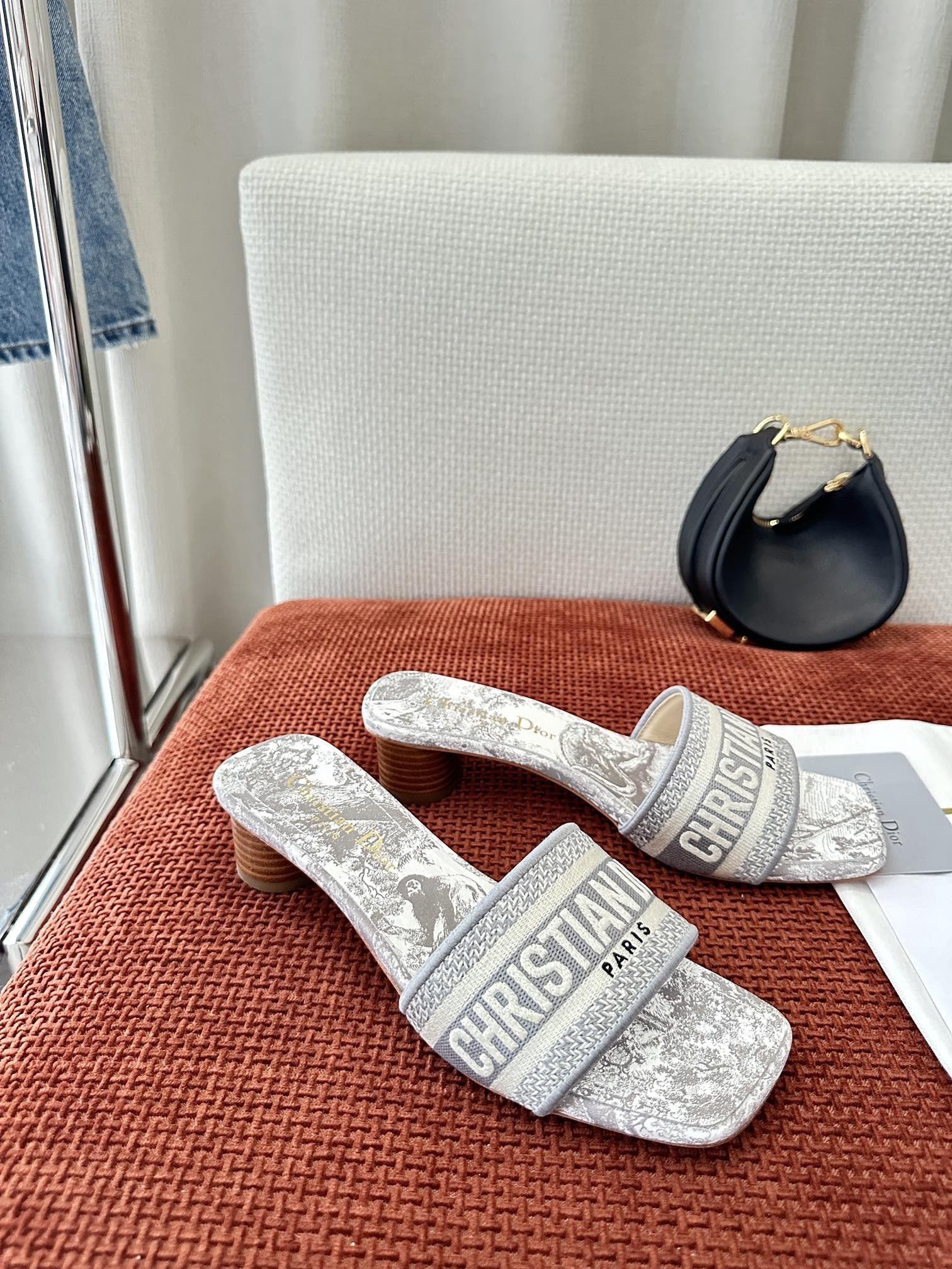 Dior Dioriviera Dway Heeled 35MM Slides in Grey Toile de Jouy Sauvage Cotton