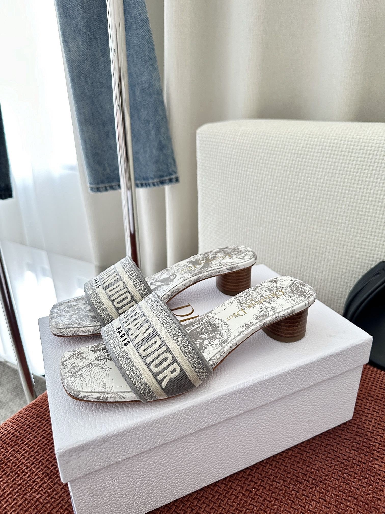 Dior Dioriviera Dway Heeled 35MM Slides in Grey Toile de Jouy Sauvage Cotton