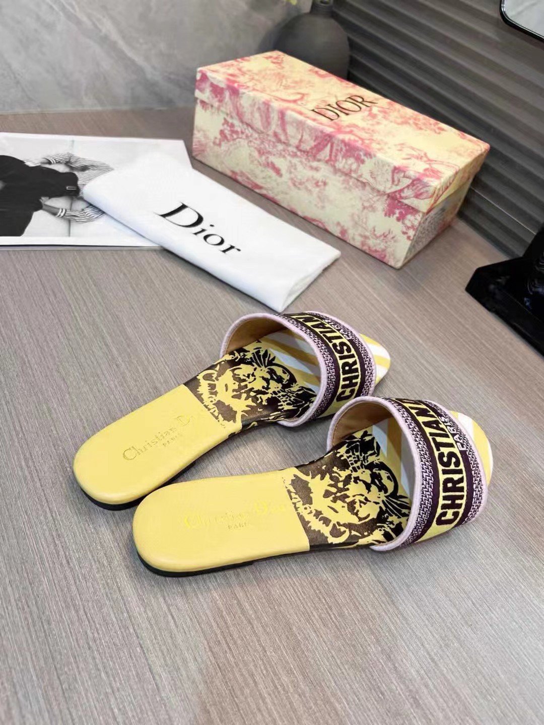 Dior Dway Slides In Yellow Multicolor D-Jungle Pop Cotton