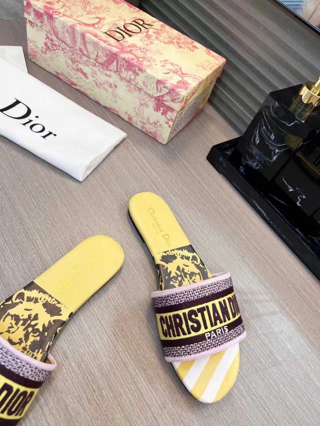 Dior Dway Slides In Yellow Multicolor D-Jungle Pop Cotton