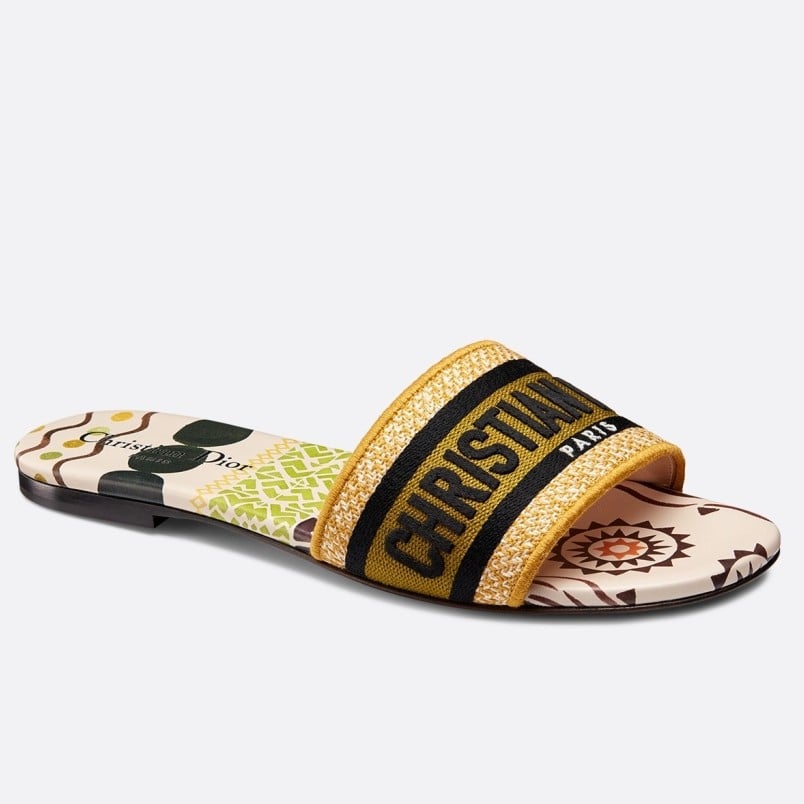 Dior Dway Slides In Embroidered Cotton with Geometric Motif