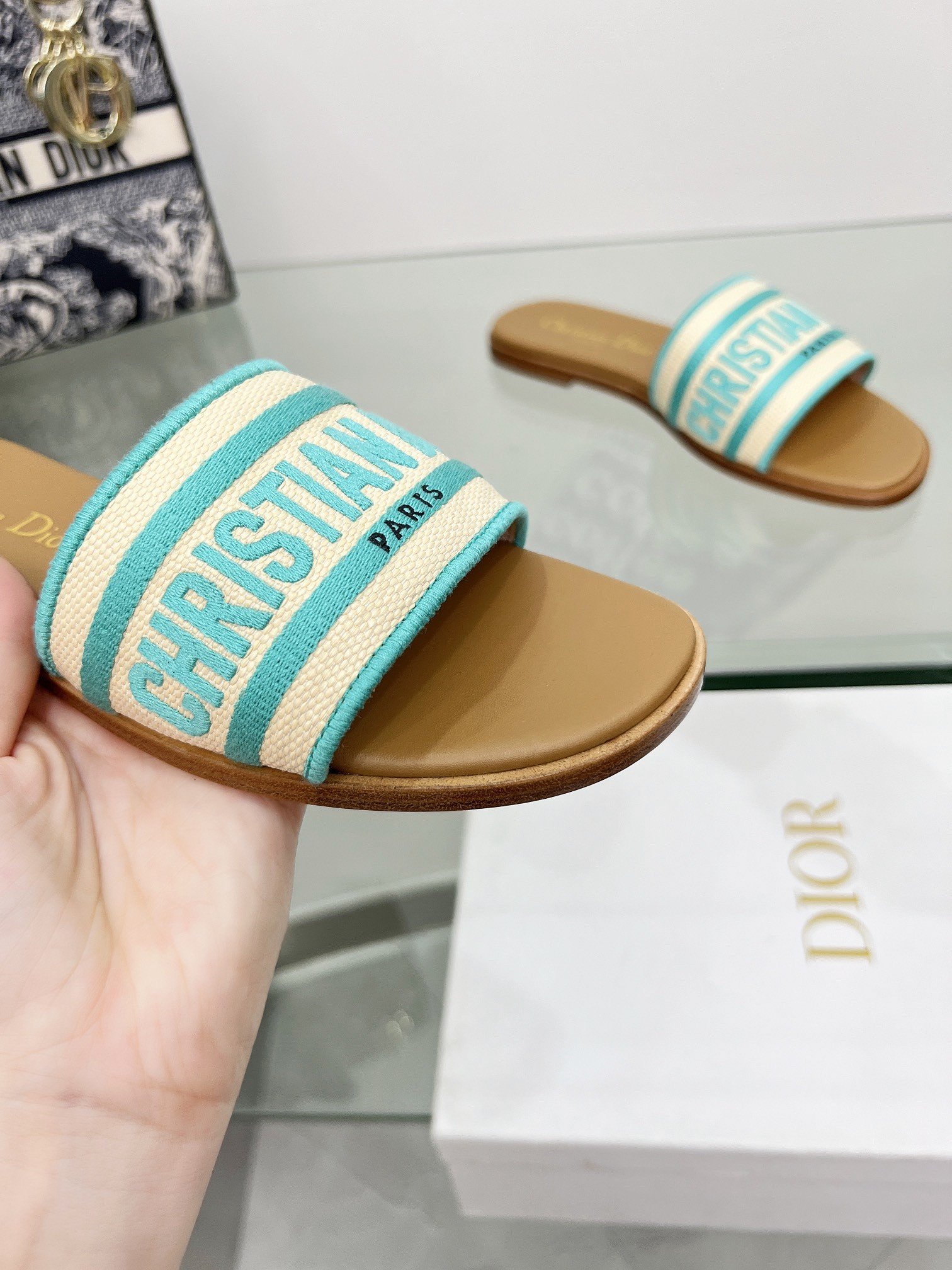 Dior Dioriviera Dway Slides in Raffia and Green Embroidered Cotton