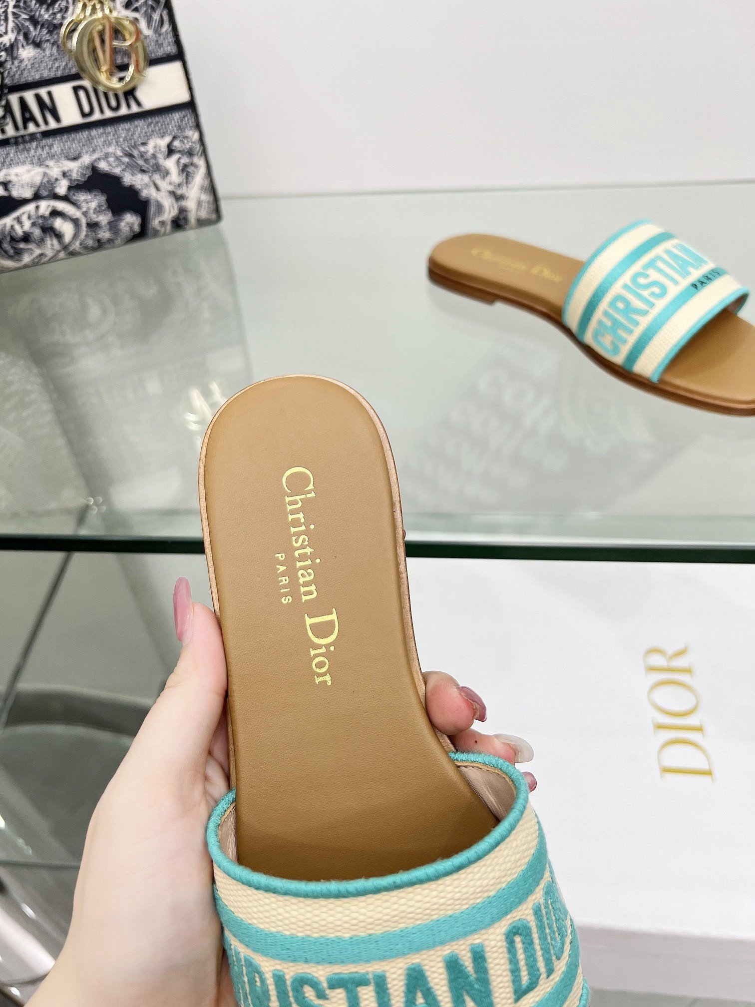 Dior Dioriviera Dway Slides in Raffia and Green Embroidered Cotton