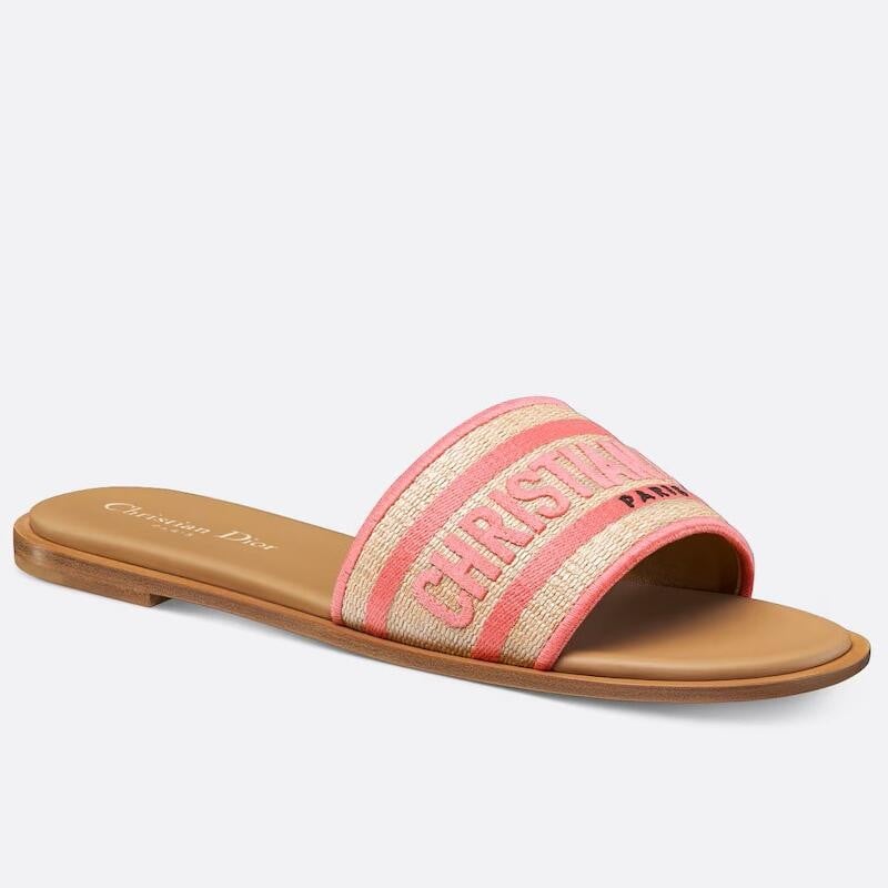 Dior Dioriviera Dway Slides in Raffia and Pink Embroidered Cotton