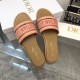 Dior Dioriviera Dway Slides in Raffia and Pink Embroidered Cotton