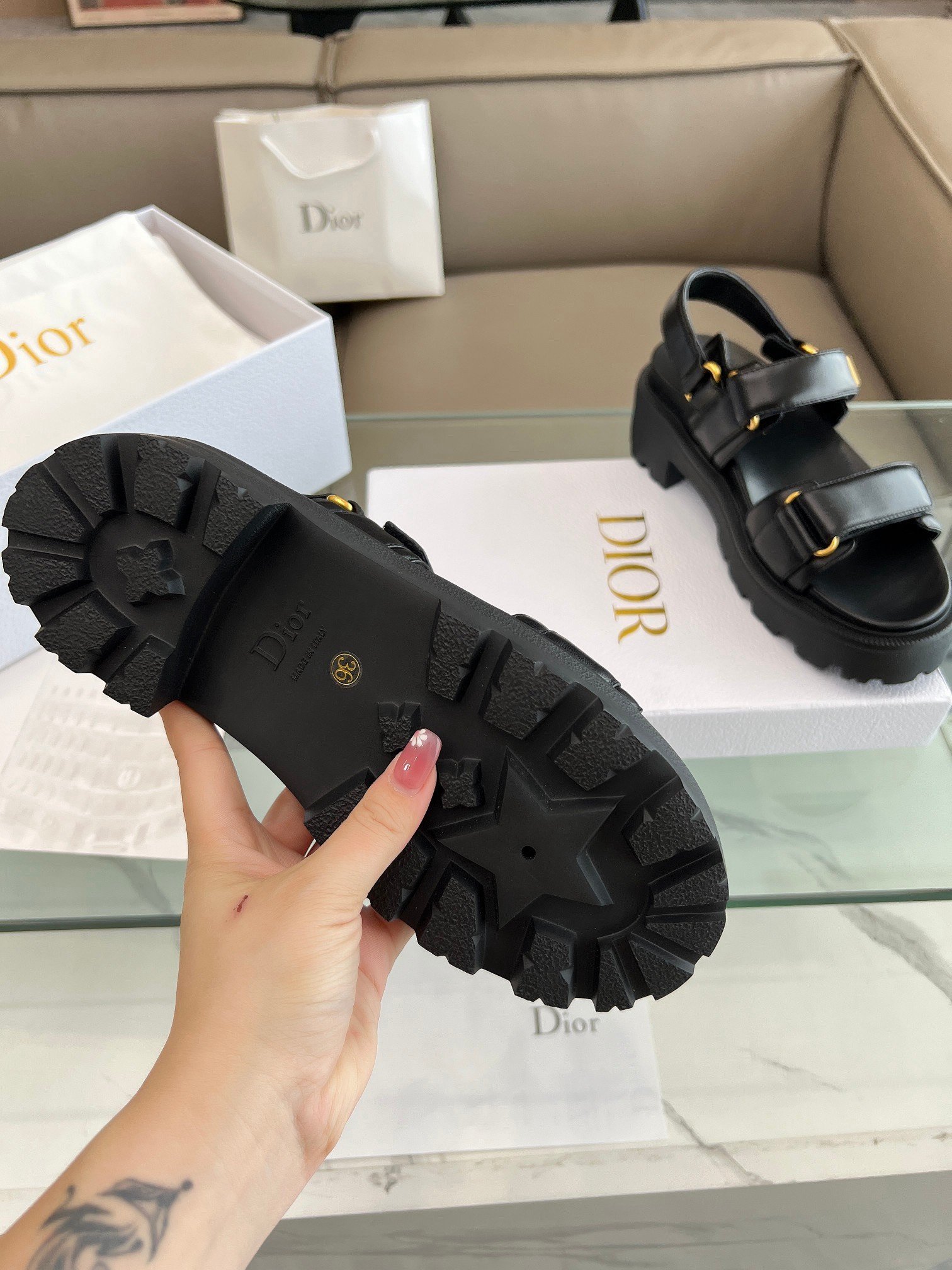 Dior Dioract Platform Sandals in Black Lambskin