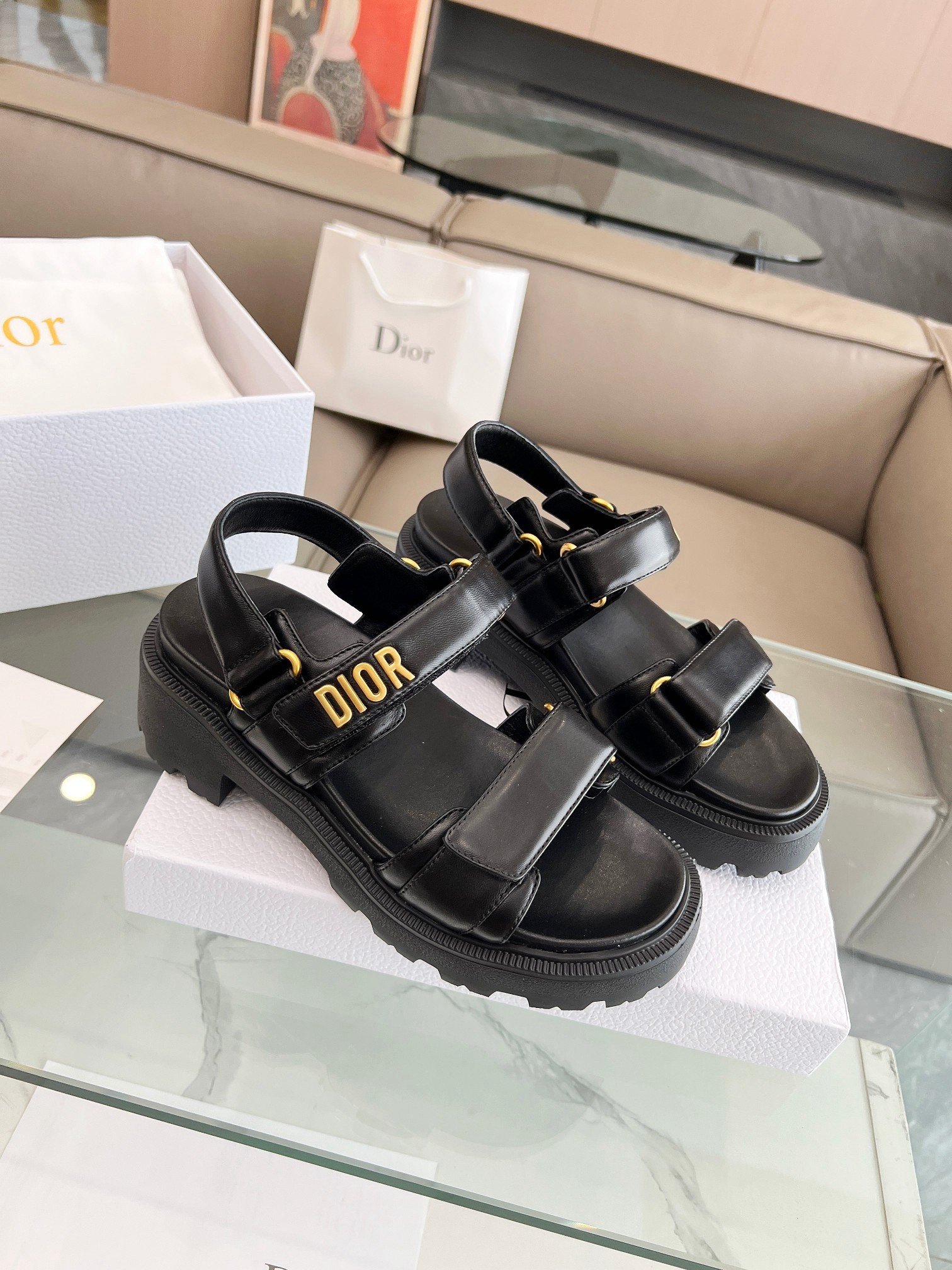 Dior Dioract Platform Sandals in Black Lambskin