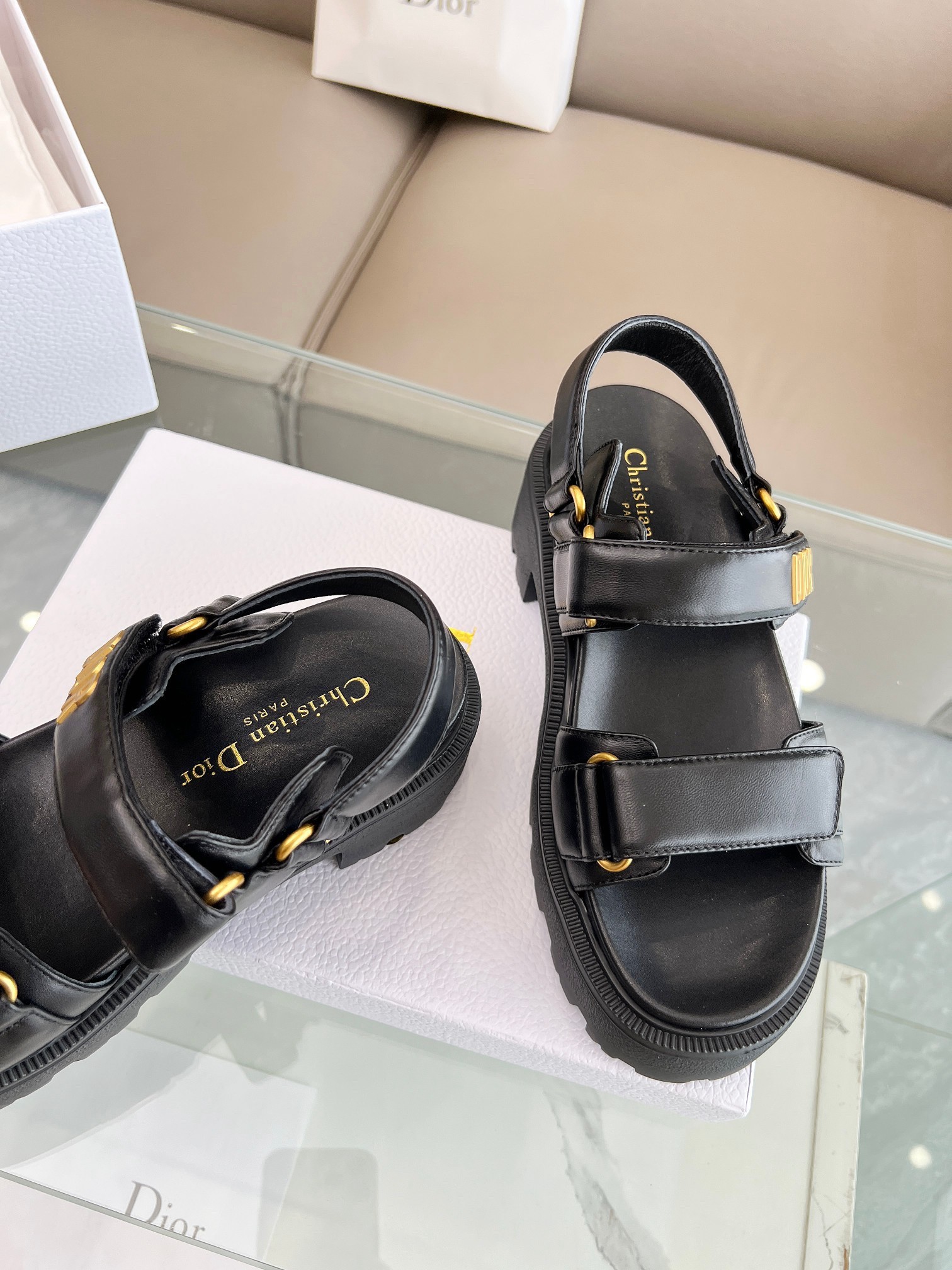 Dior Dioract Platform Sandals in Black Lambskin