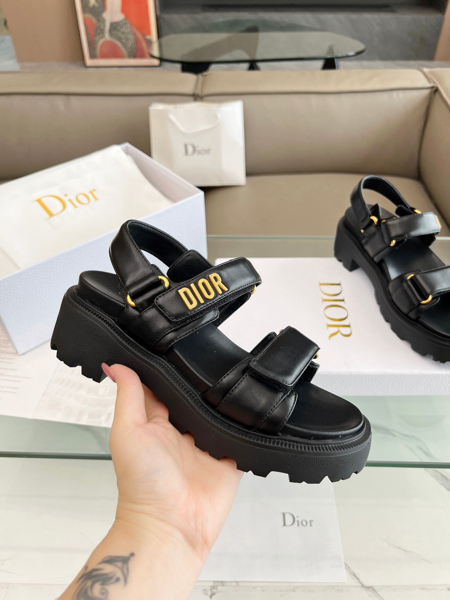 Dior Dioract Platform Sandals in Black Lambskin