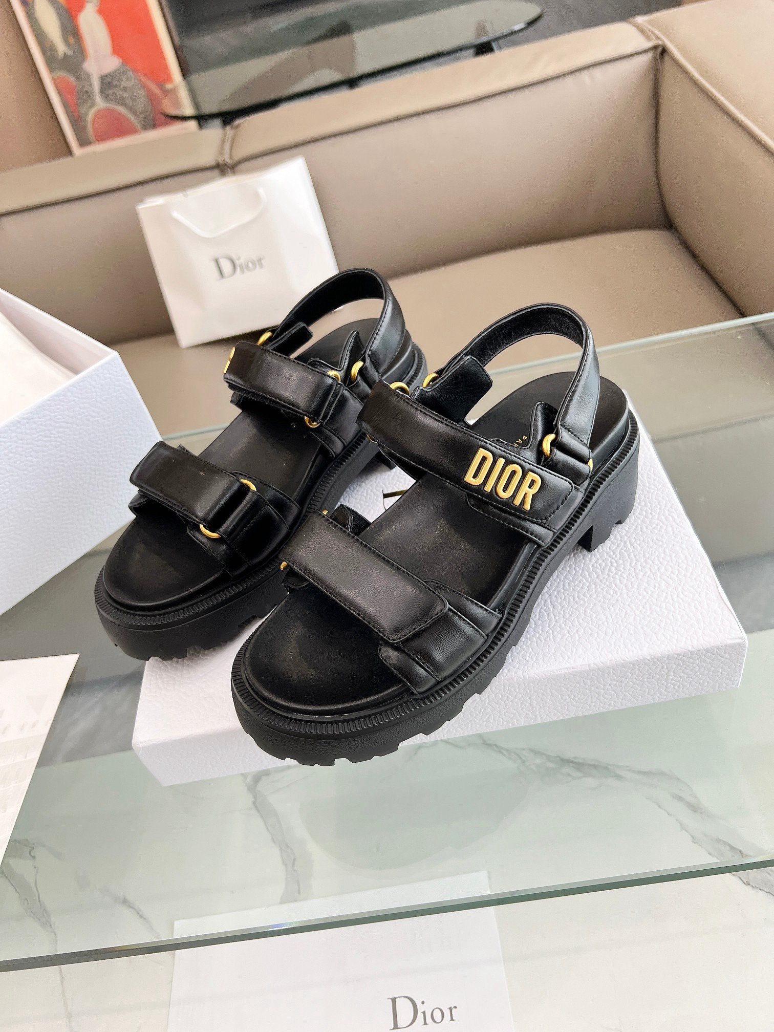 Dior Dioract Platform Sandals in Black Lambskin