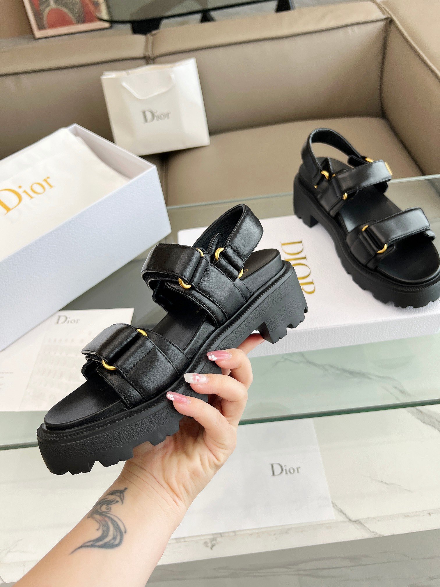 Dior Dioract Platform Sandals in Black Lambskin