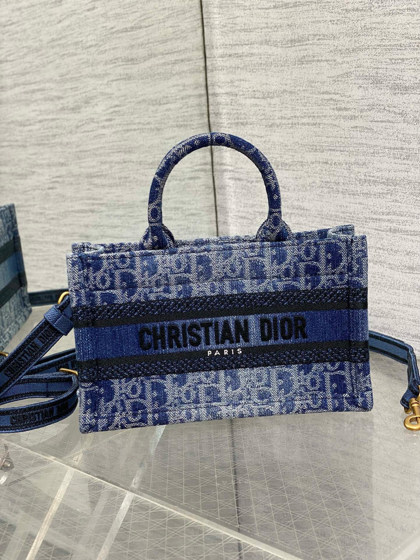 Dior Mini Book Tote with Strap in Blue Denim Oblique Jacquard