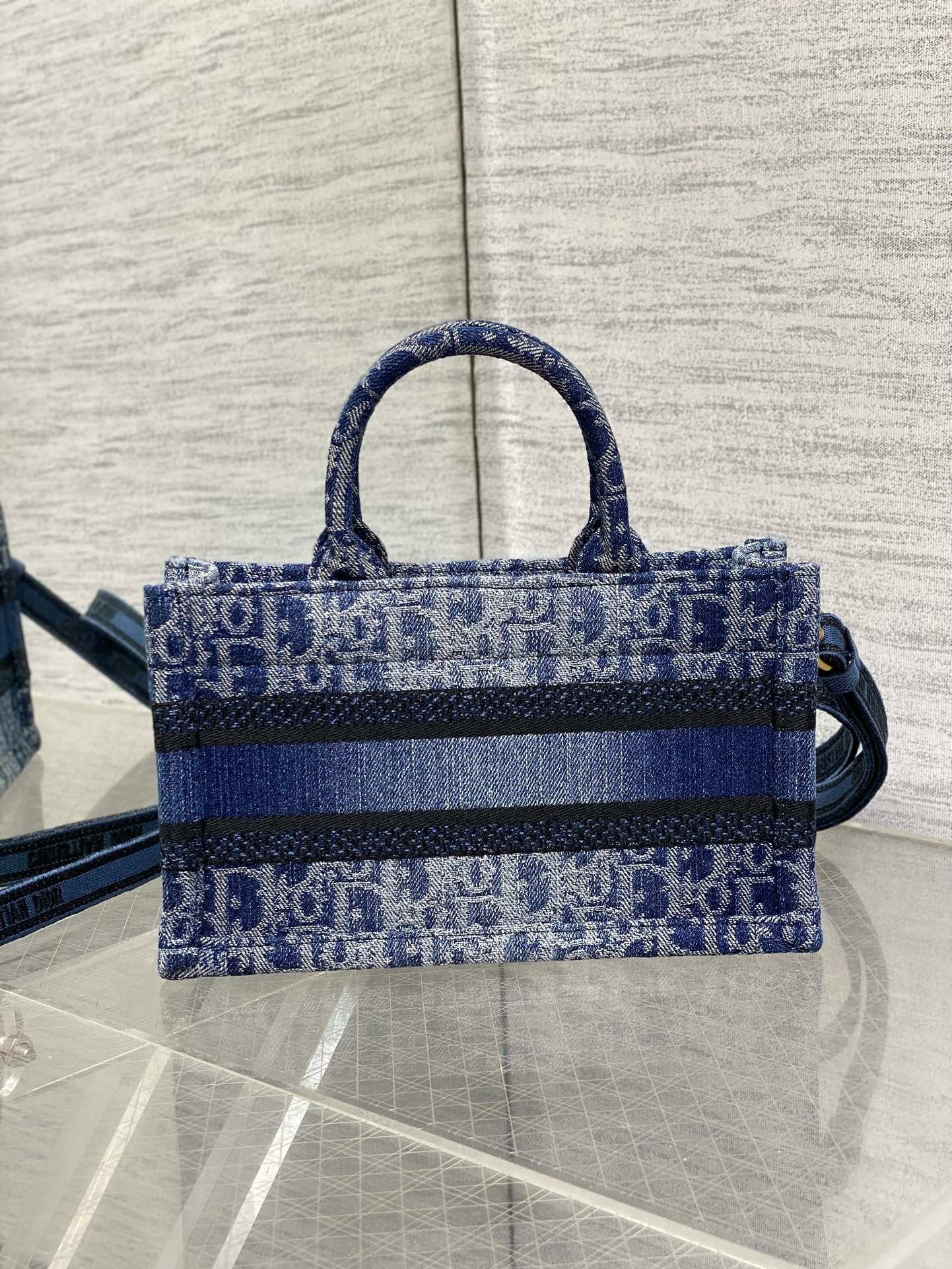 Dior Mini Book Tote with Strap in Blue Denim Oblique Jacquard