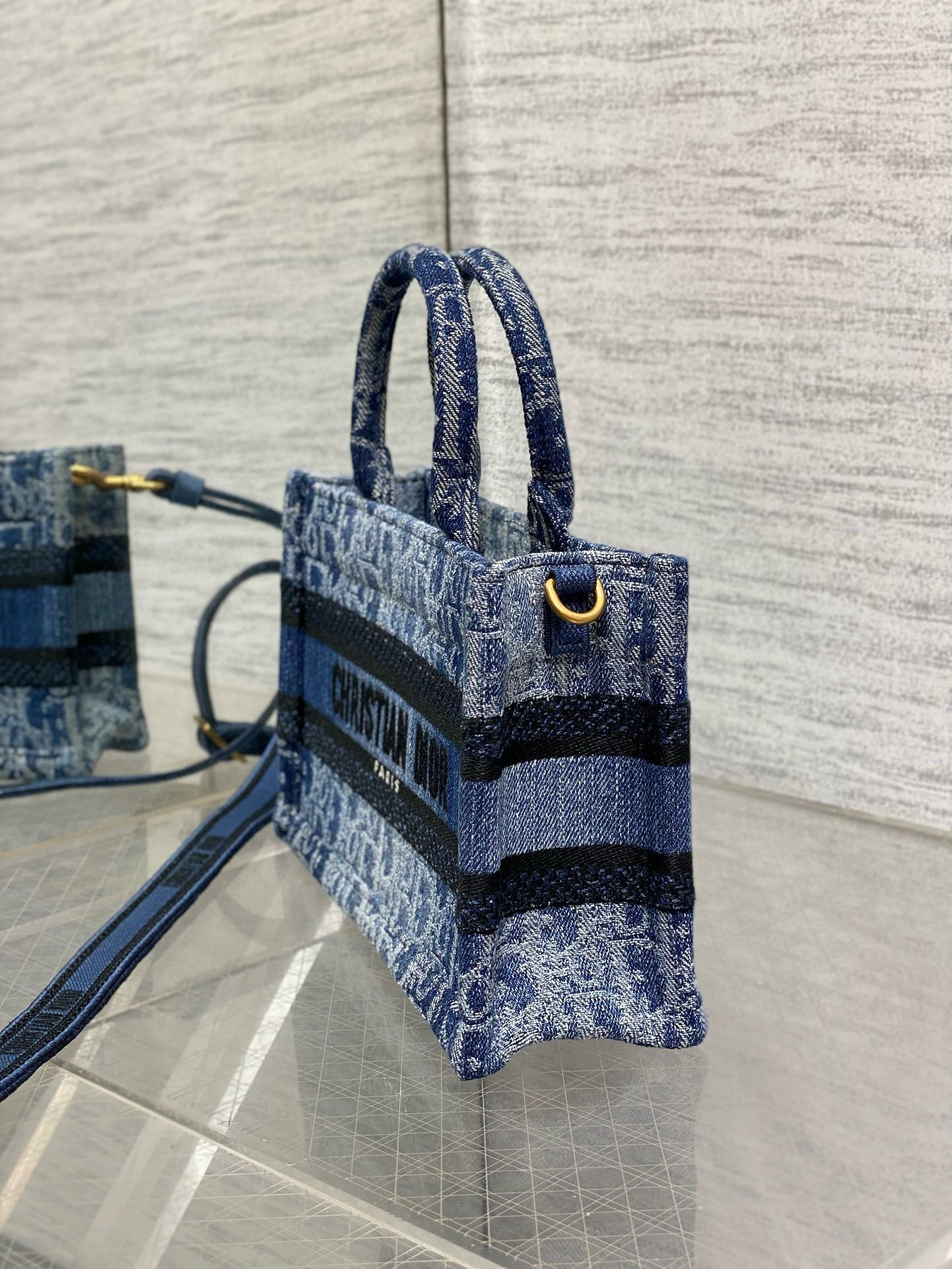 Dior Mini Book Tote with Strap in Blue Denim Oblique Jacquard