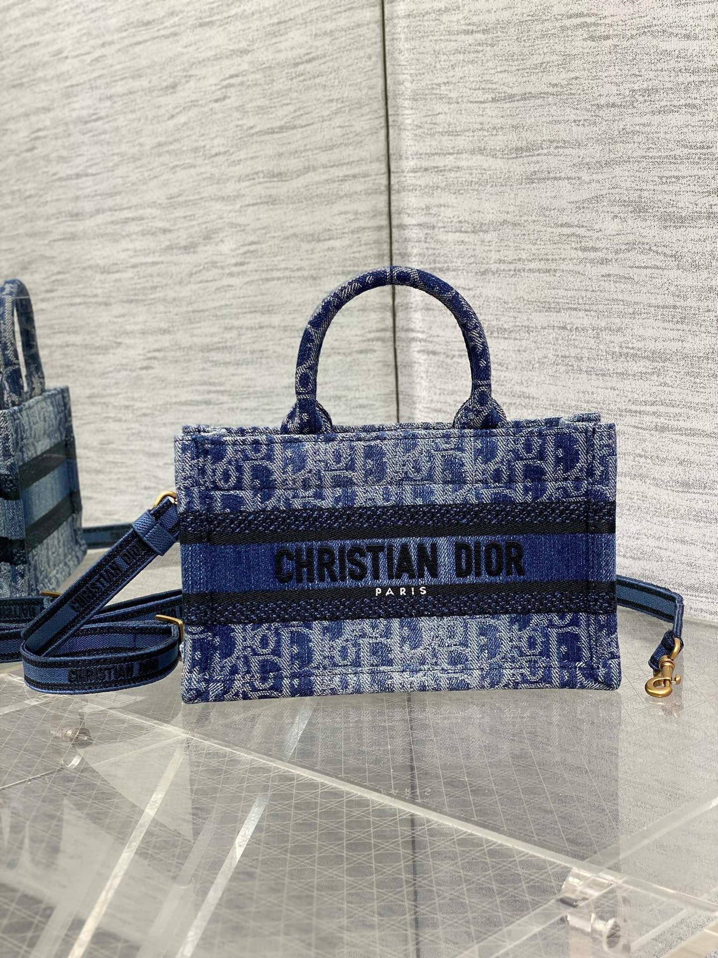 Dior Mini Book Tote with Strap in Blue Denim Oblique Jacquard