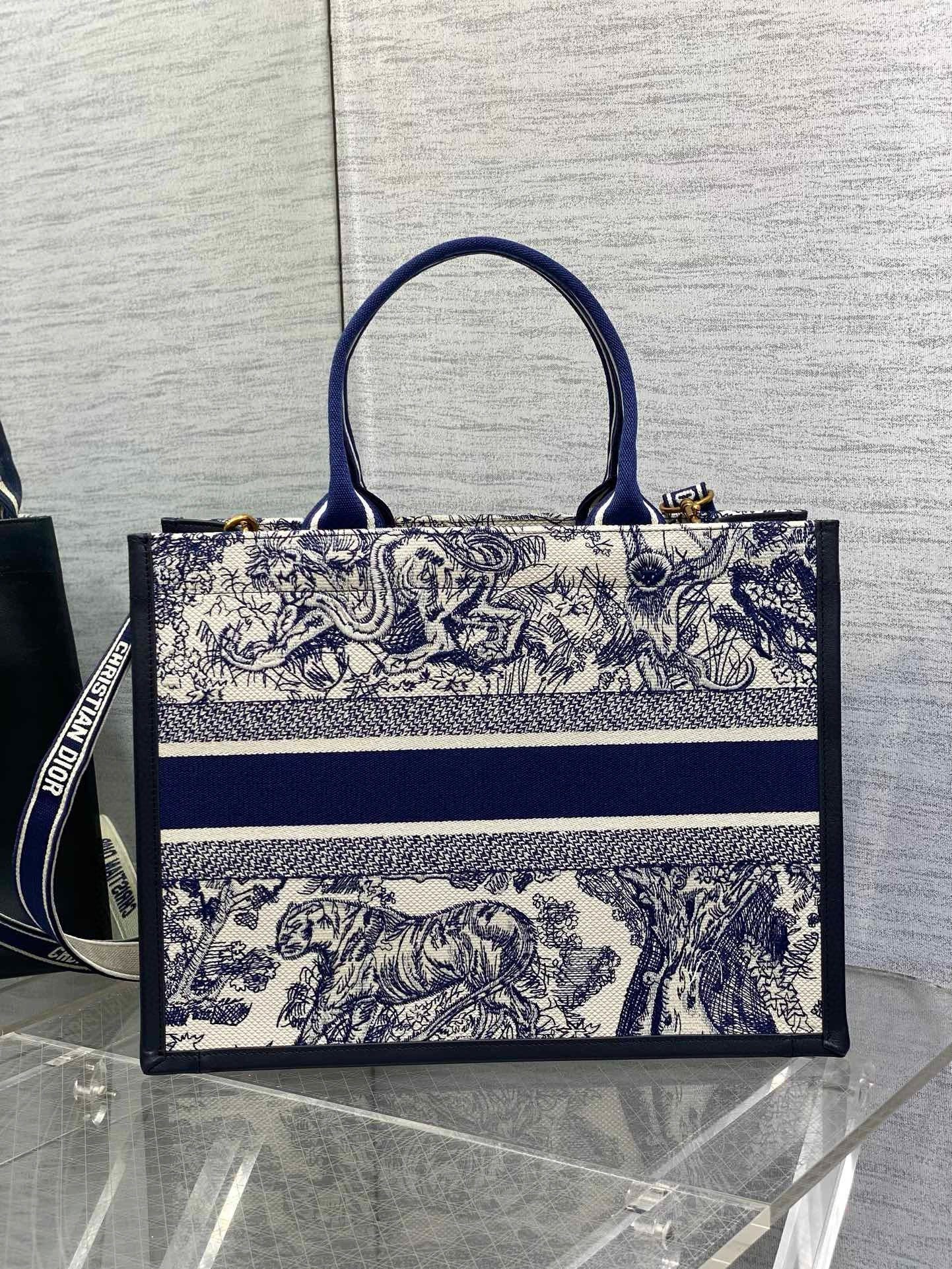 Dior Medium Book Tote Bag with Strap in Blue Toile de Jouy Sauvage Embroidery