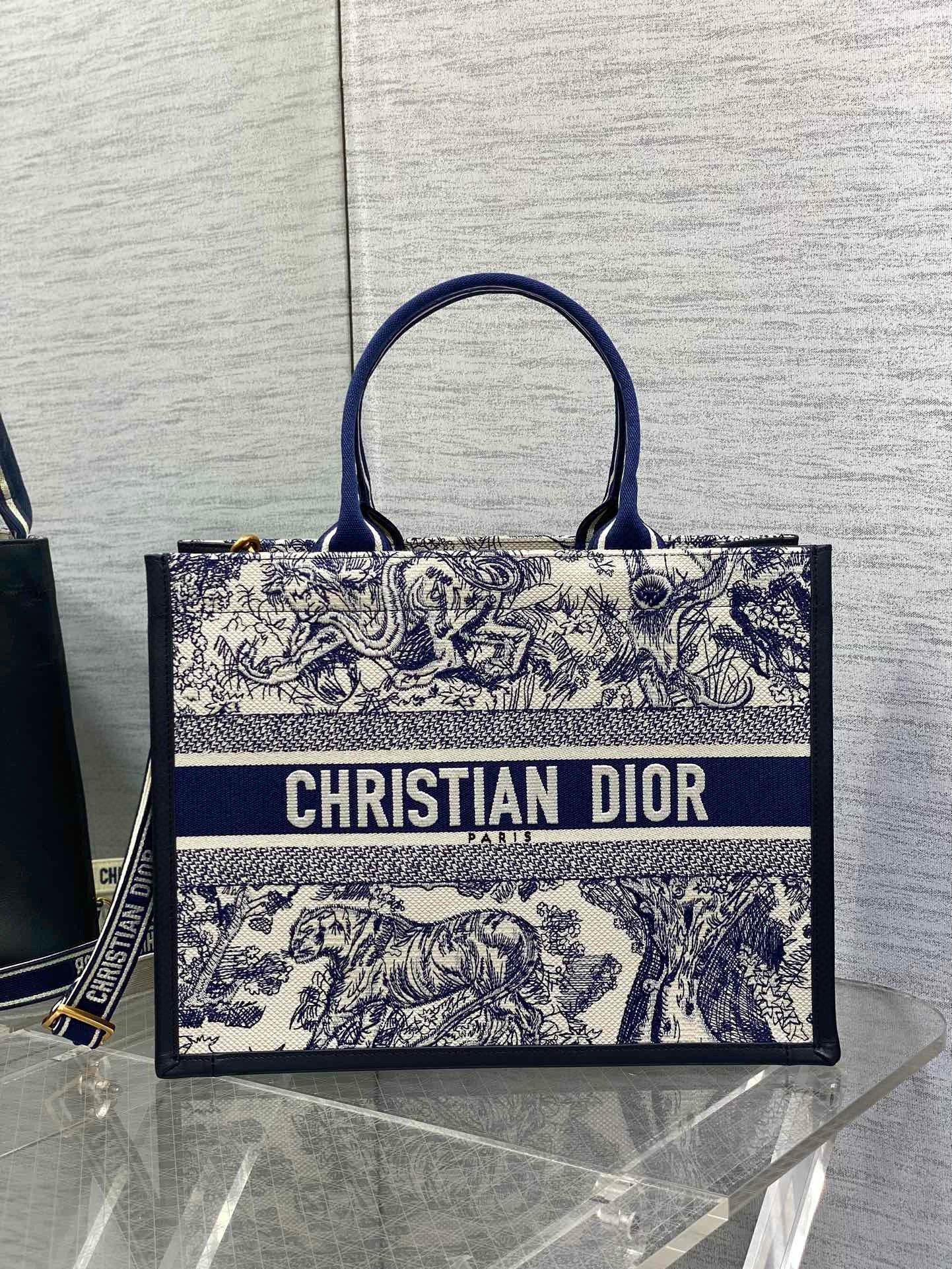 Dior Medium Book Tote Bag with Strap in Blue Toile de Jouy Sauvage Embroidery