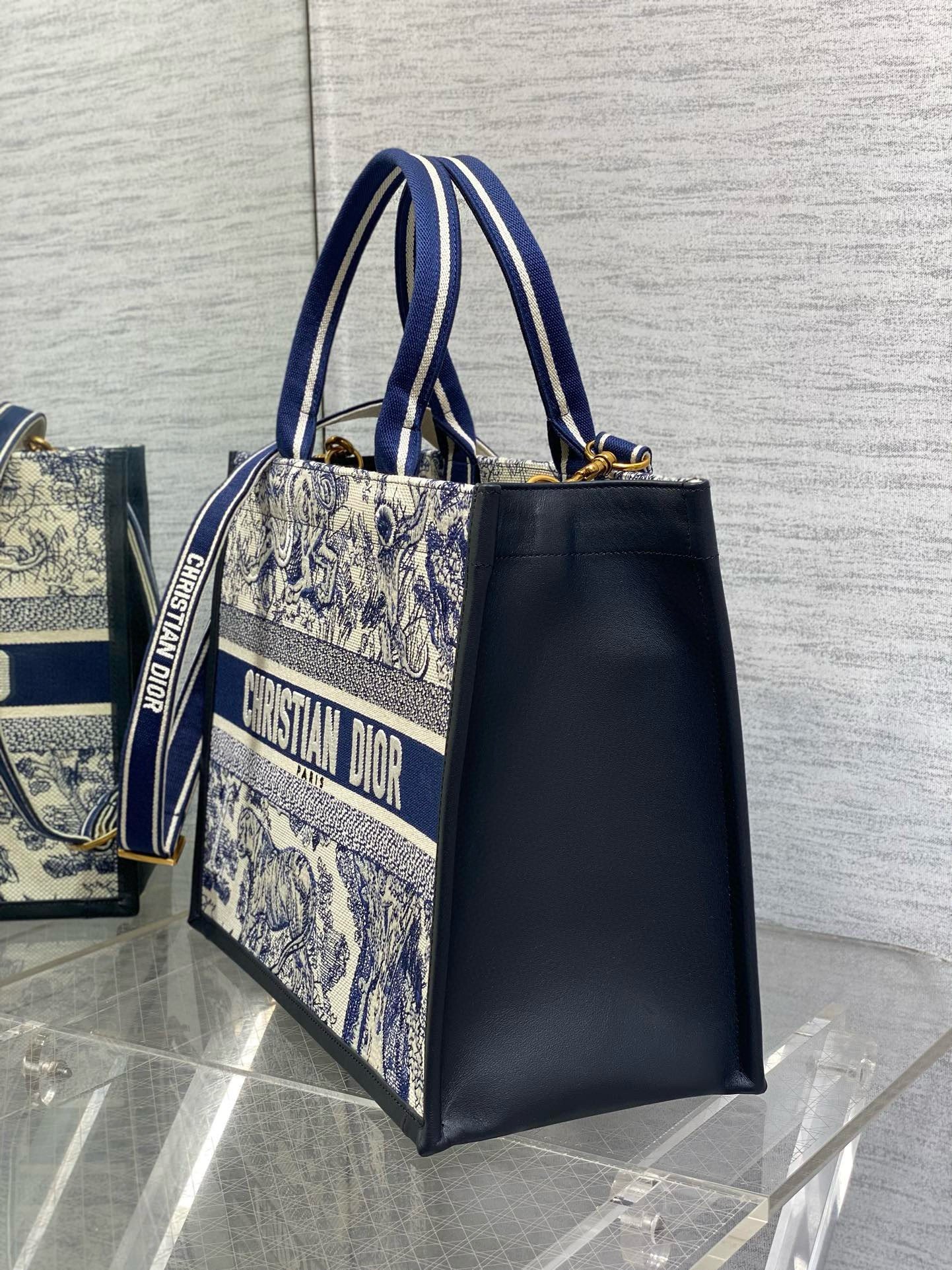 Dior Medium Book Tote Bag with Strap in Blue Toile de Jouy Sauvage Embroidery