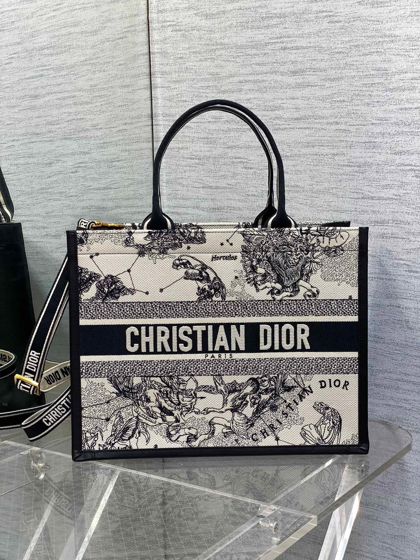 Dior Medium Book Tote Bag with Strap in White Dior Zodiac Embroidery