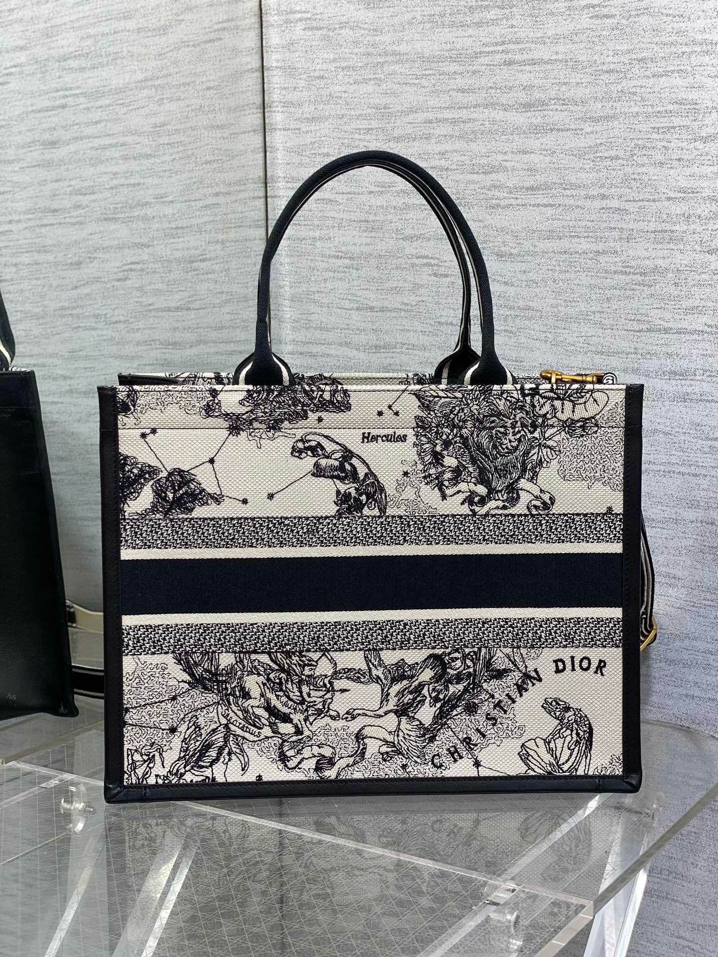 Dior Medium Book Tote Bag with Strap in White Dior Zodiac Embroidery