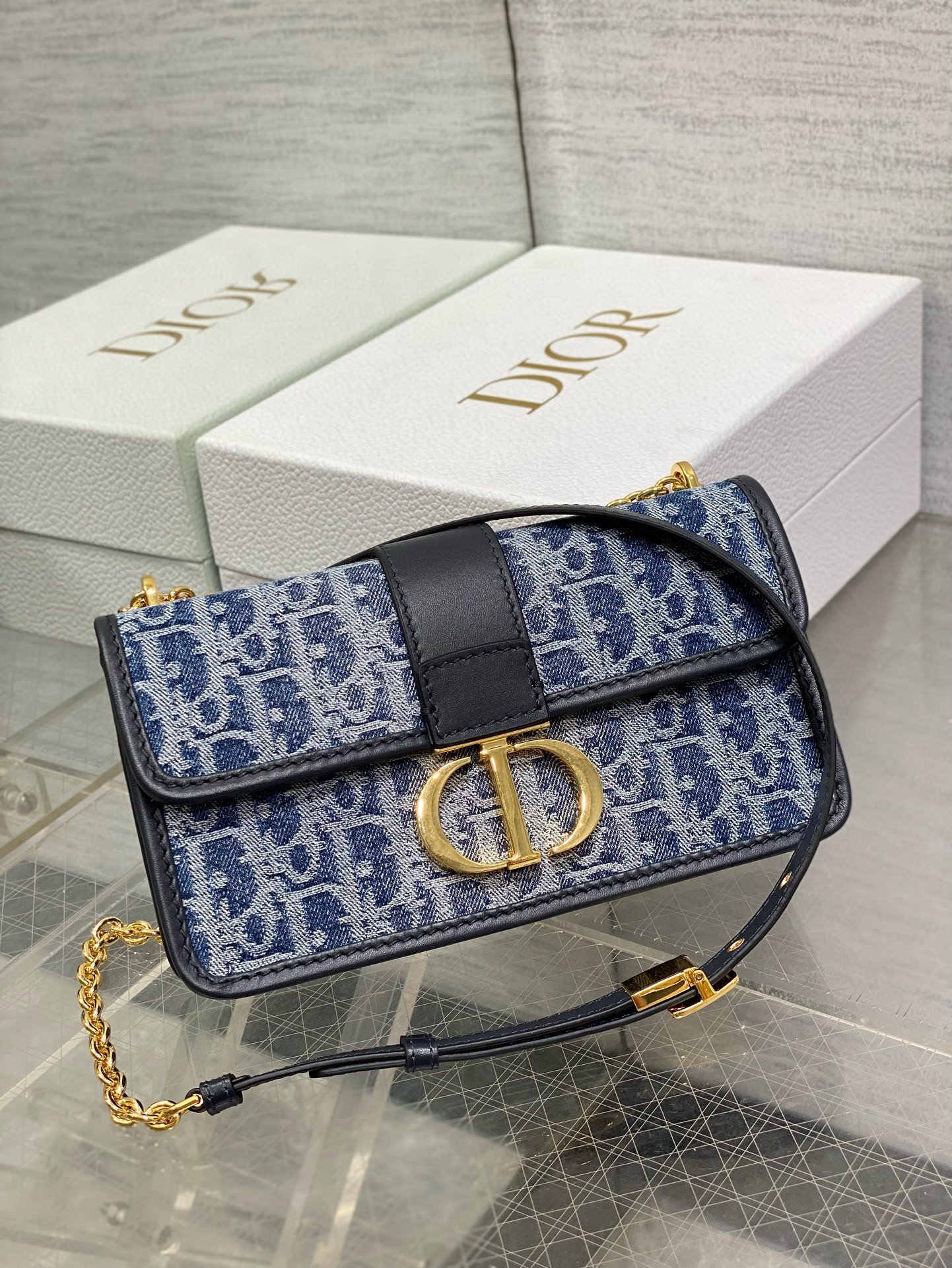 Dior 30 Montaigne East-West Bag with Chain in Blue Denim Oblique Jacquard