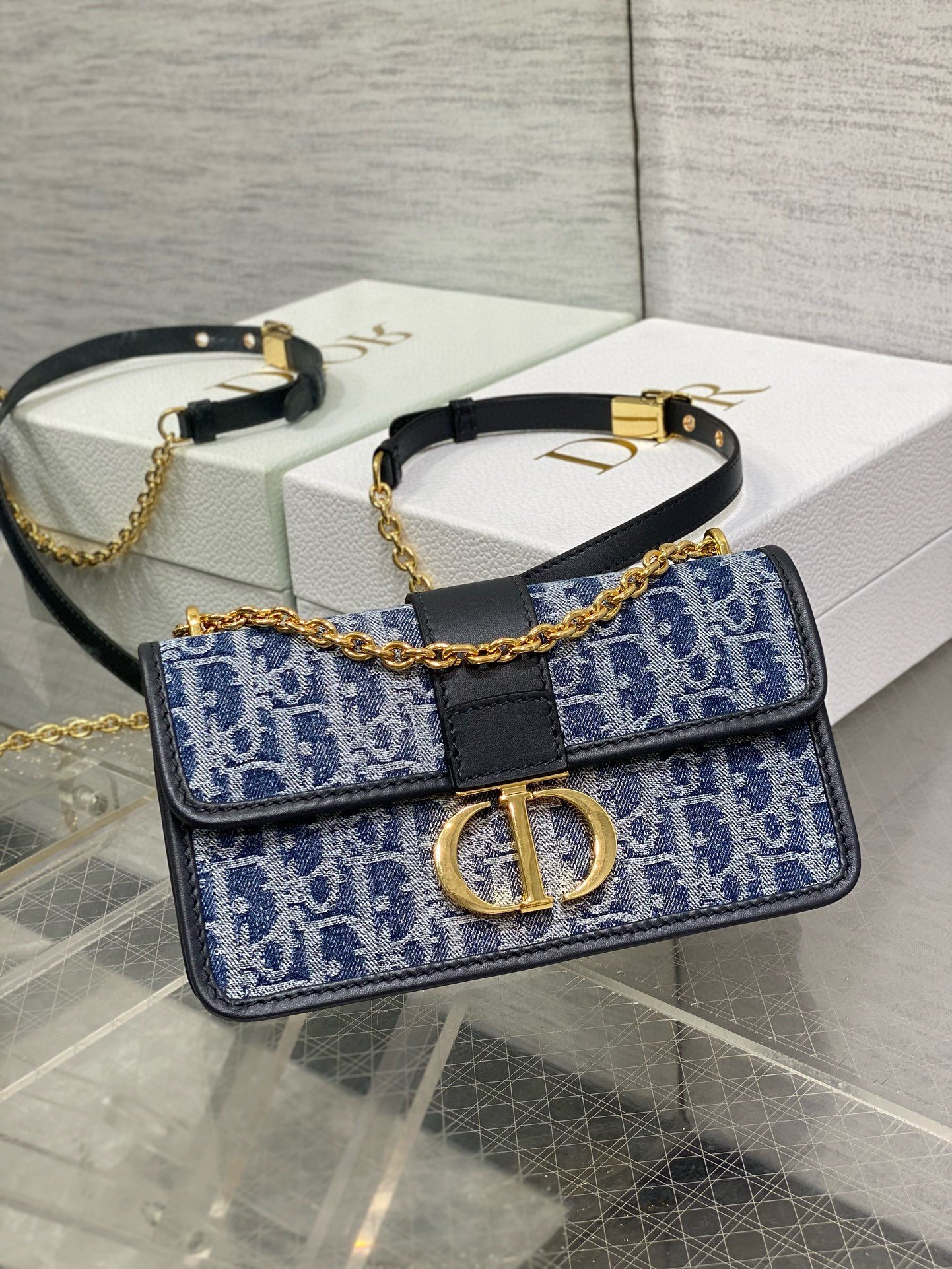 Dior 30 Montaigne East-West Bag with Chain in Blue Denim Oblique Jacquard