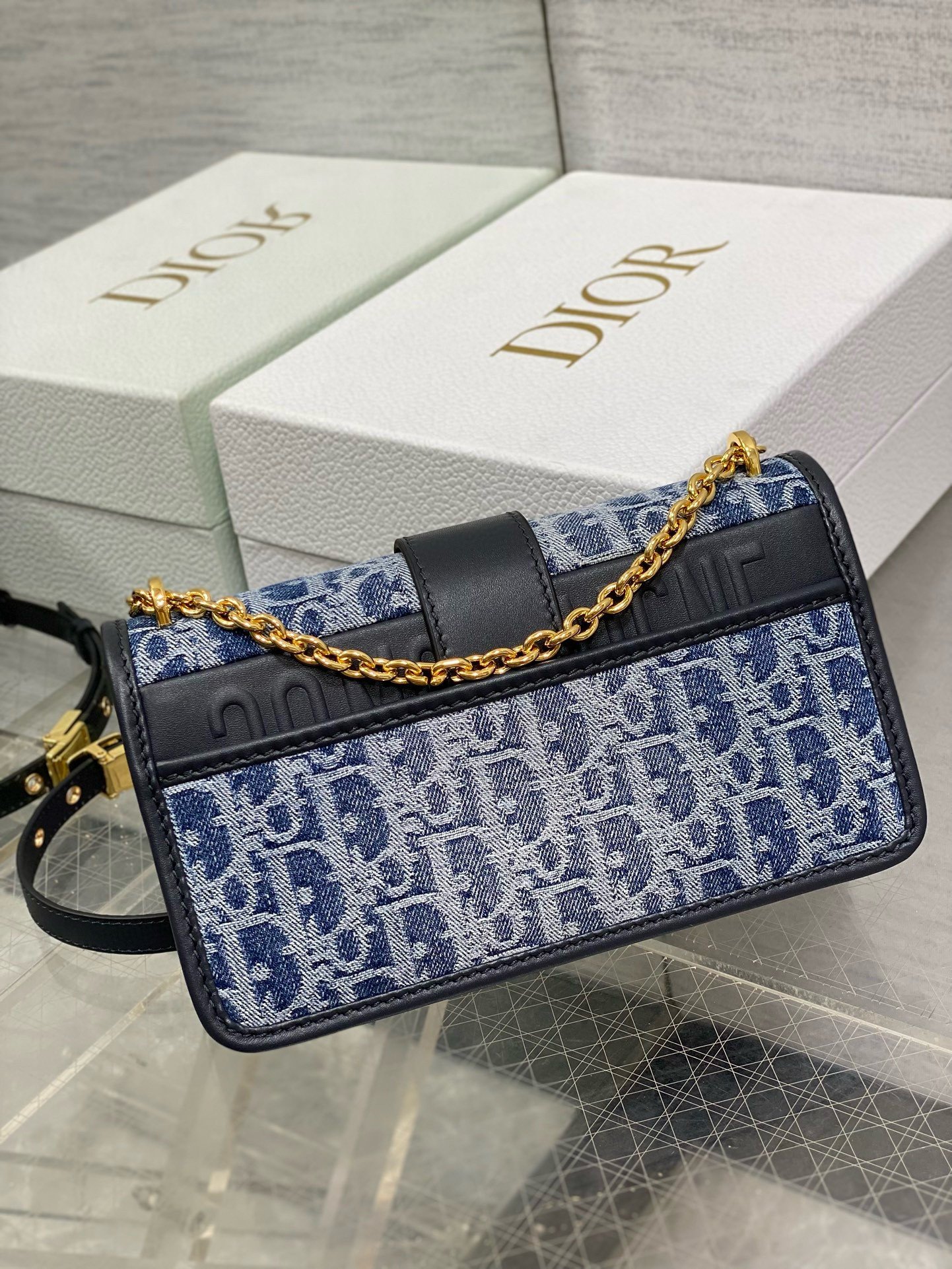 Dior 30 Montaigne East-West Bag with Chain in Blue Denim Oblique Jacquard