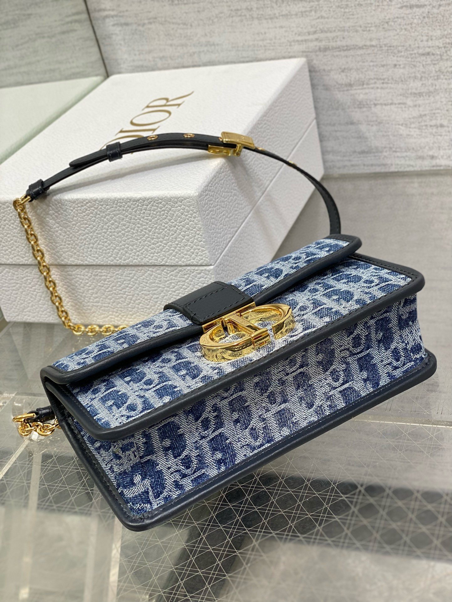 Dior 30 Montaigne East-West Bag with Chain in Blue Denim Oblique Jacquard