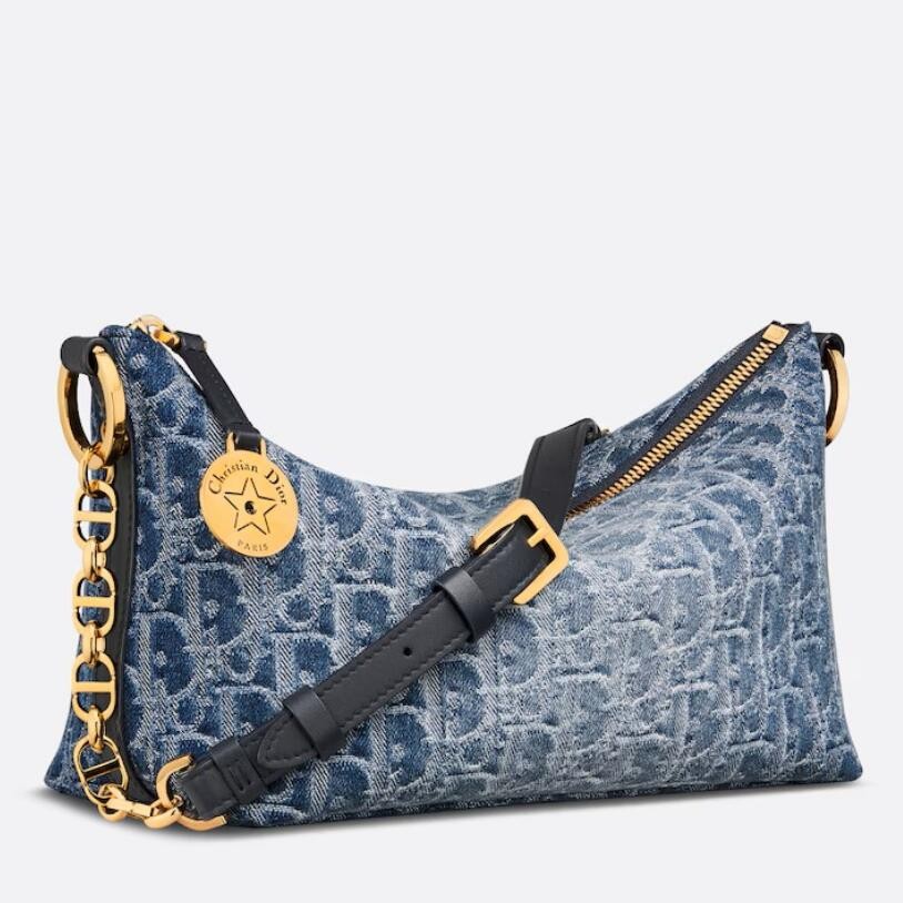 Dior Diorstar Hobo Bag with Chain in Blue Denim Oblique Jacquard