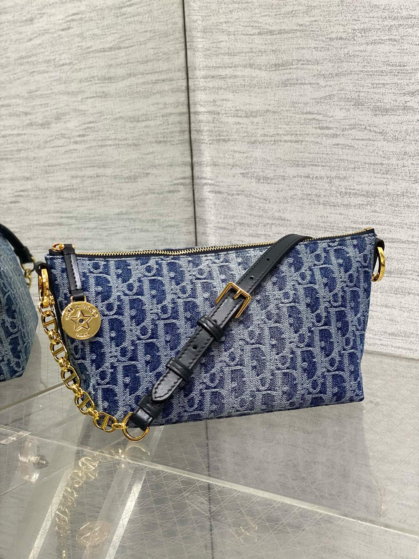 Dior Diorstar Hobo Bag with Chain in Blue Denim Oblique Jacquard