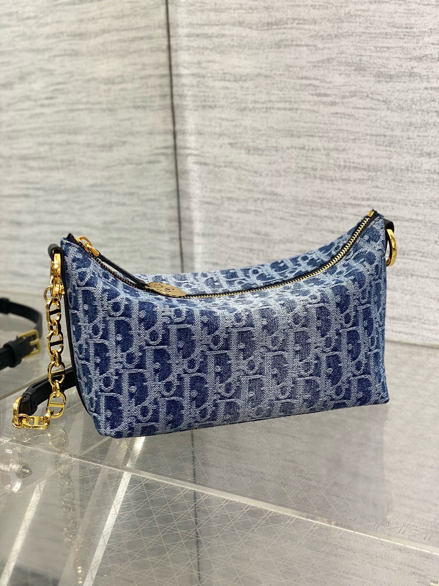 Dior Diorstar Hobo Bag with Chain in Blue Denim Oblique Jacquard