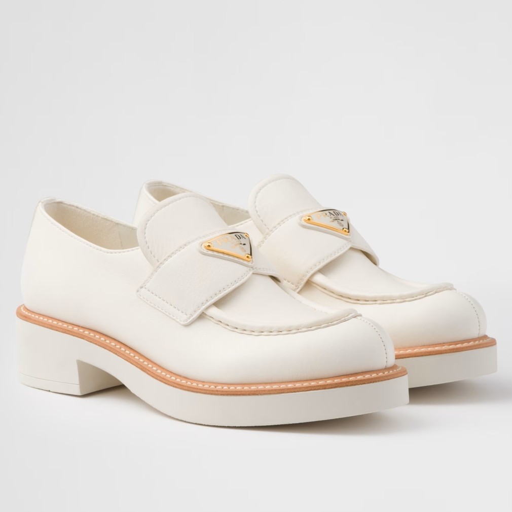 Prada Women's Loafers in White Grained Leather