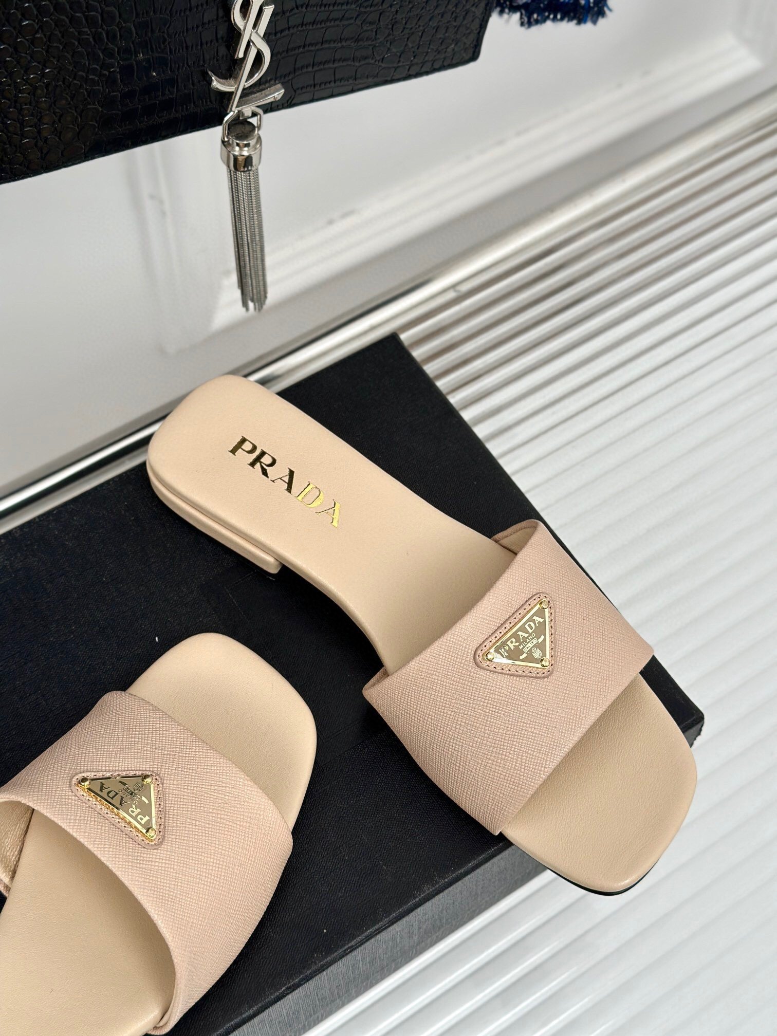 Prada Women's Slides in Beige Saffiano Leather