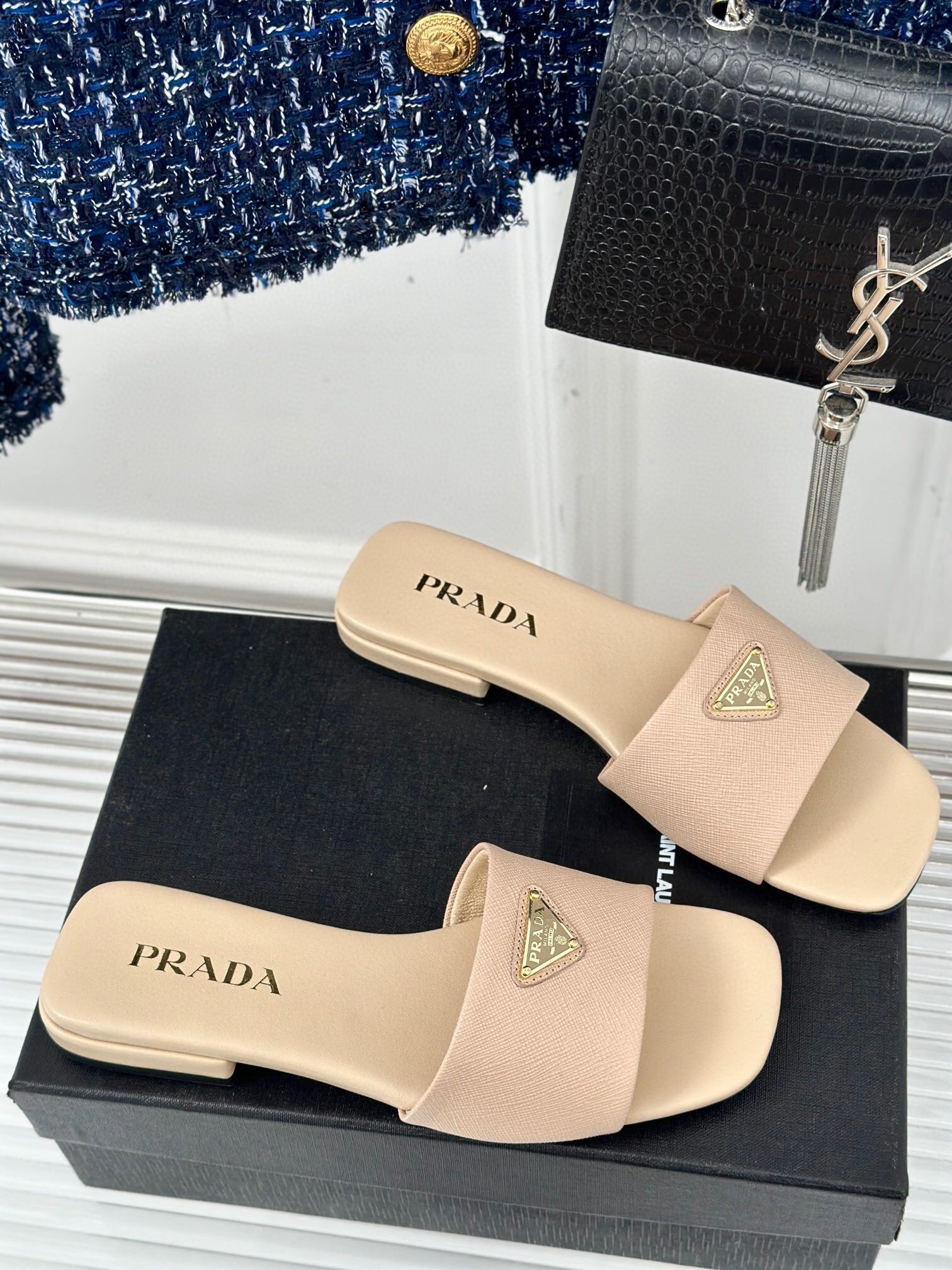 Prada Women's Slides in Beige Saffiano Leather