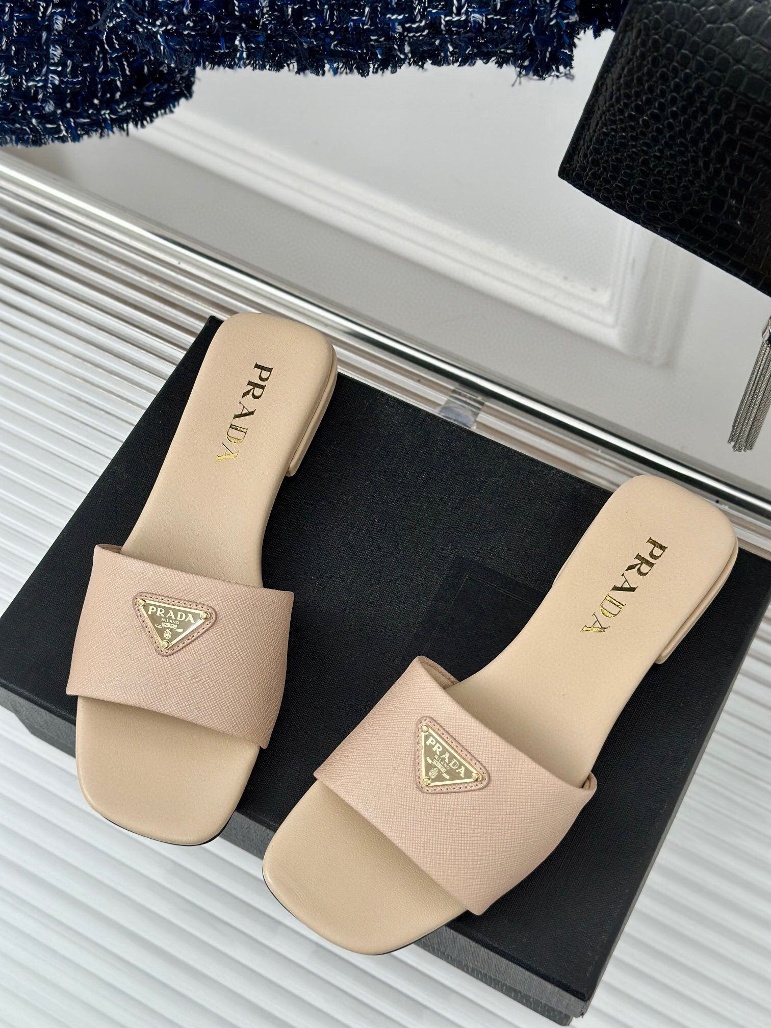 Prada Women's Slides in Beige Saffiano Leather