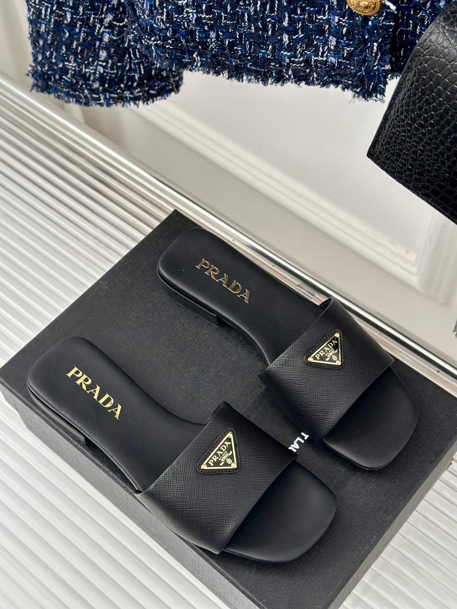 Prada Women's Slides in Black Saffiano Leather