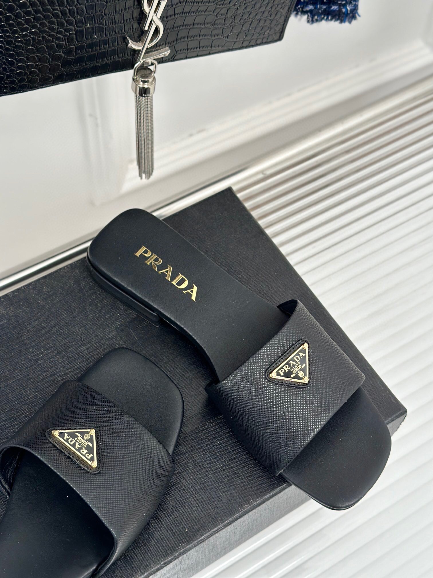 Prada Women's Slides in Black Saffiano Leather