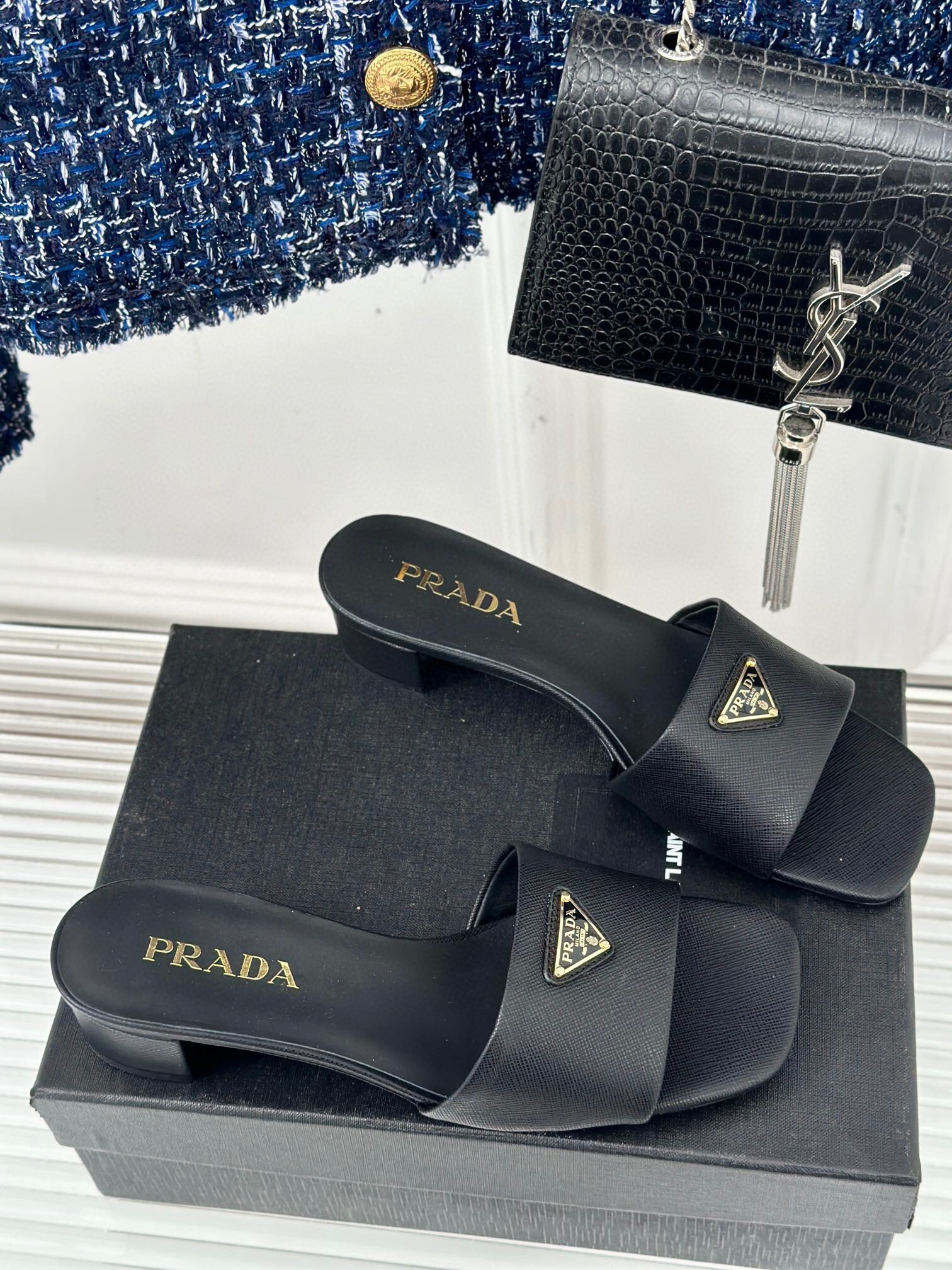 Prada Heeled Sandals 35mm in Black Saffiano Leather