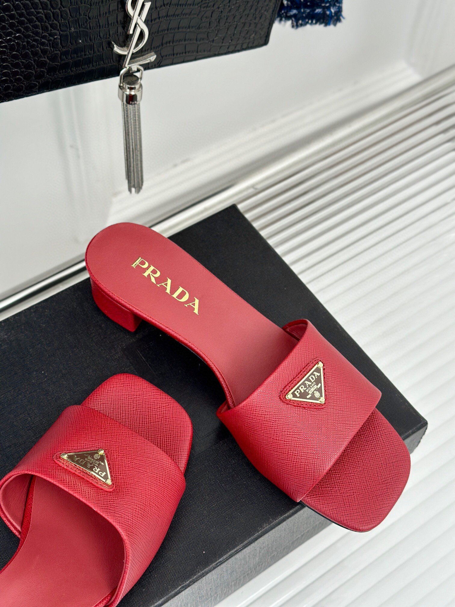 Prada Heeled Sandals 35mm in Red Saffiano Leather