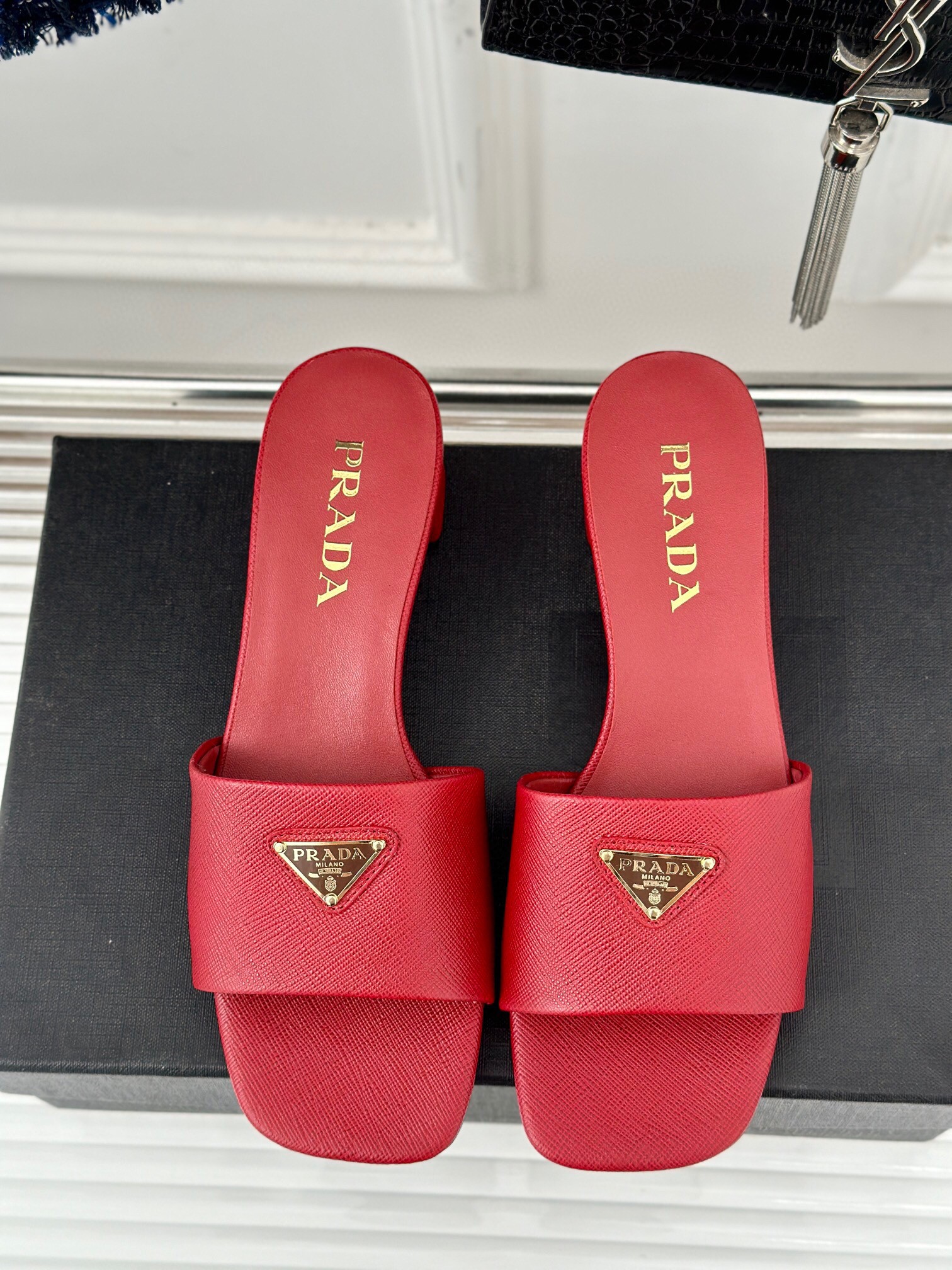 Prada Heeled Sandals 35mm in Red Saffiano Leather