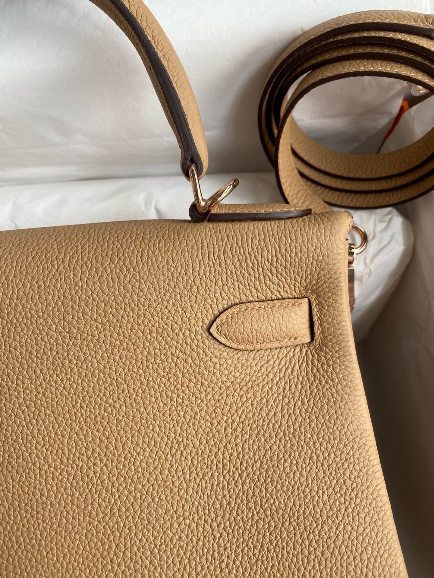 Hermes Kelly Retourne 28 Handmade Bag In Chai Clemence Leather