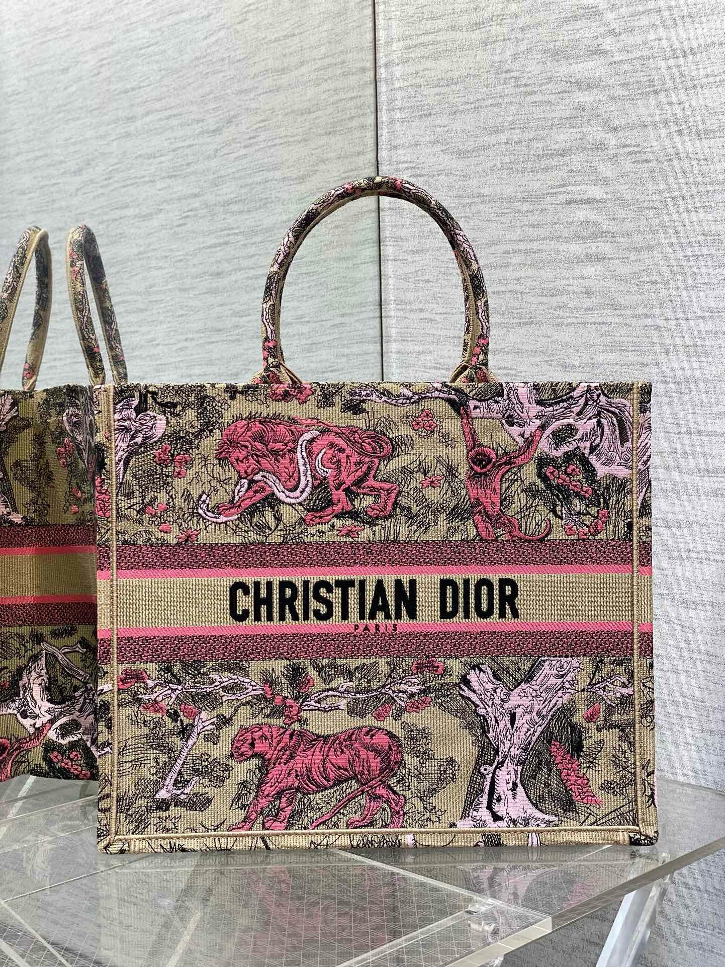 Dior Large Dioriviera Book Tote in Raffia with Pink Toile de Jouy Sauvage Embroidery