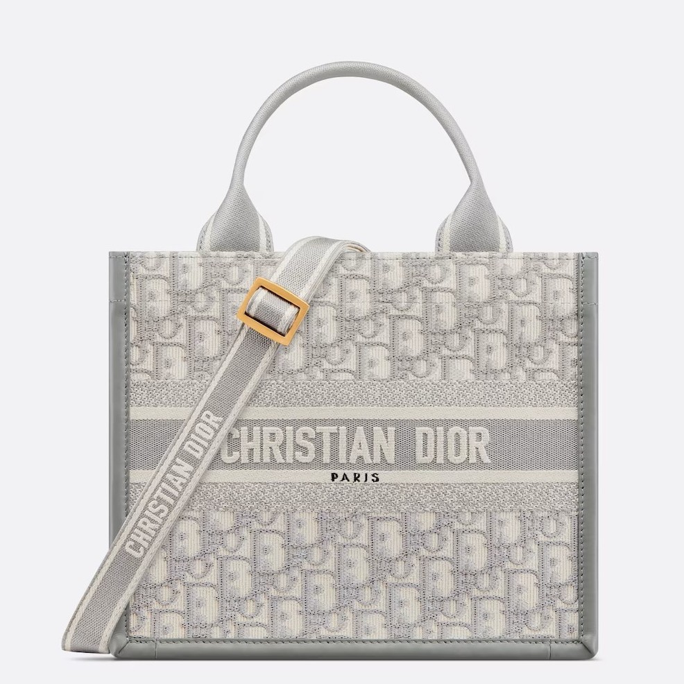 Dior Small Book Tote Bag with Strap in Grey Dior Oblique Canvas