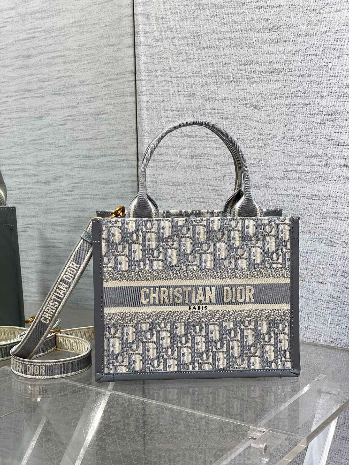 Dior Small Book Tote Bag with Strap in Grey Dior Oblique Canvas