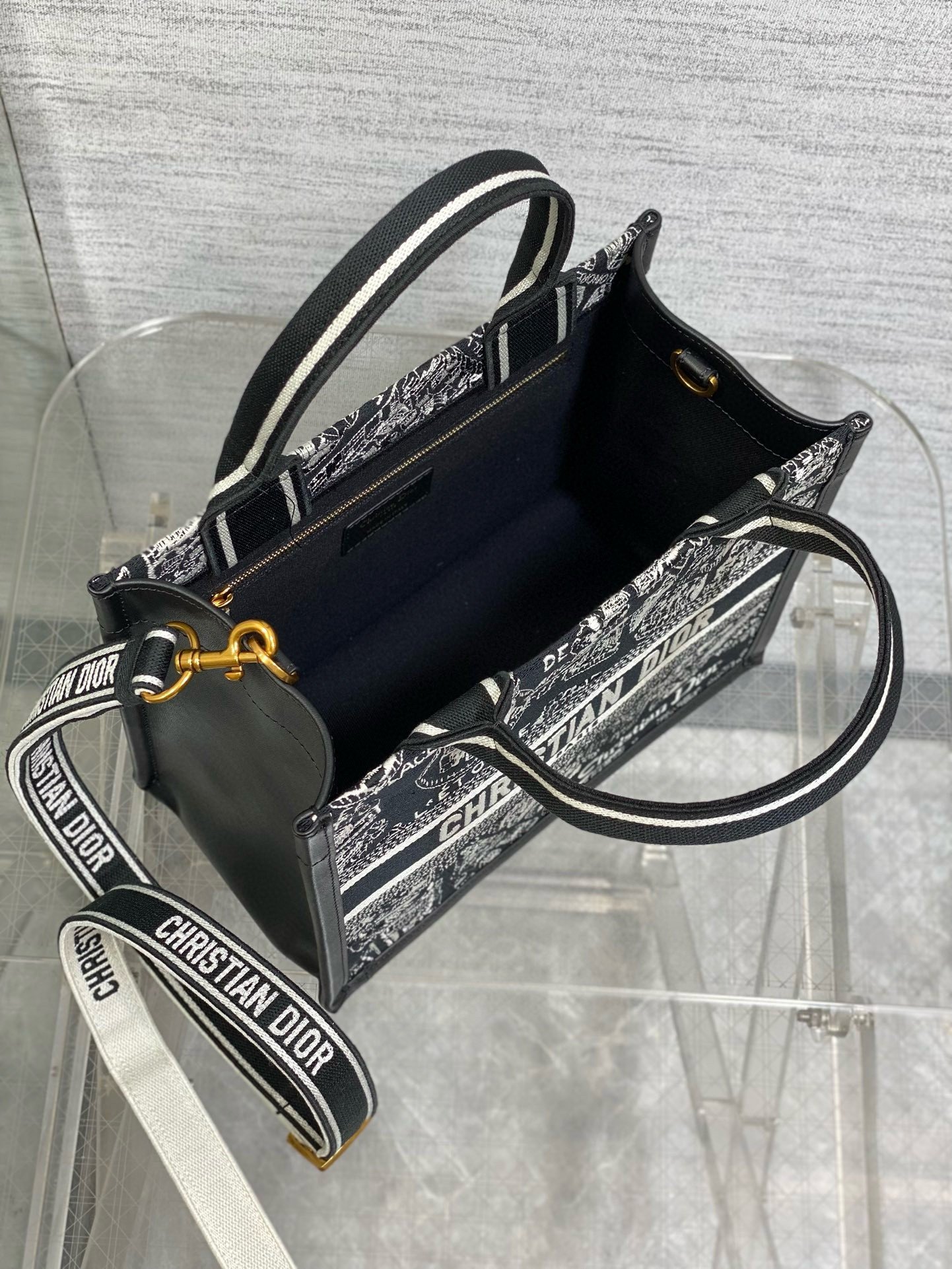 Dior Small Book Tote Bag with Strap in Plan de Paris Embroidery and Black Calfskin