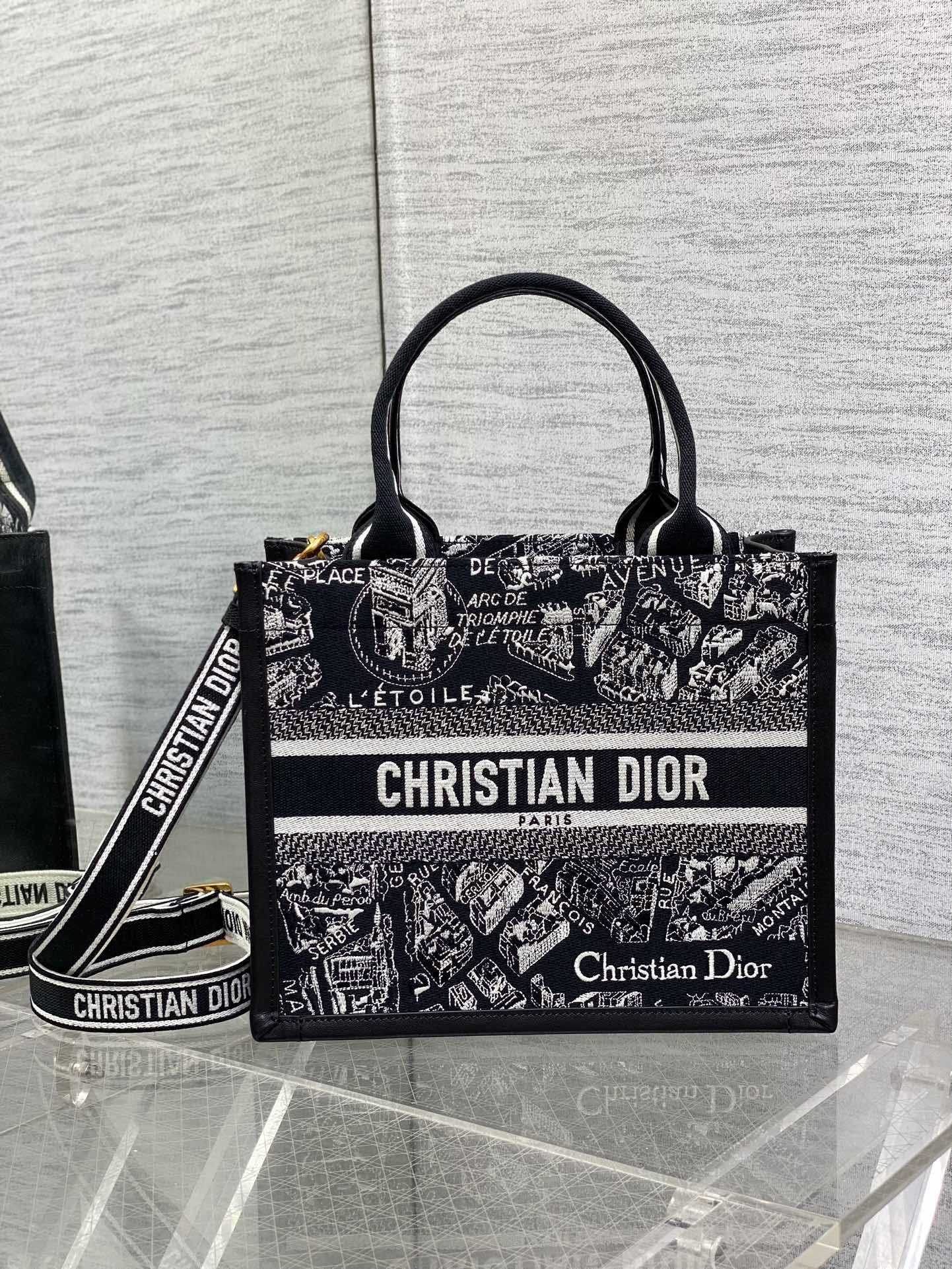 Dior Small Book Tote Bag with Strap in Plan de Paris Embroidery and Black Calfskin