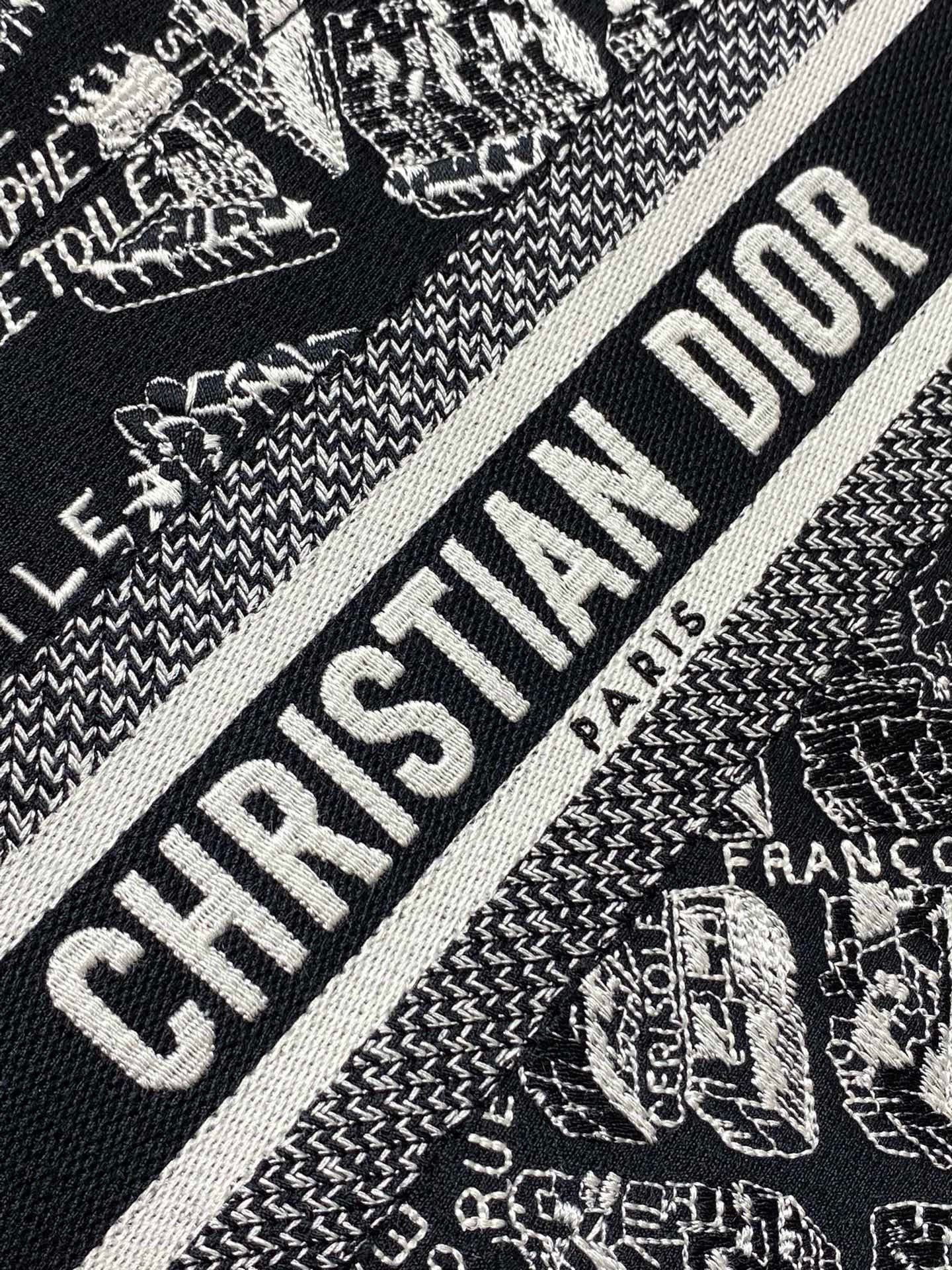 Dior Small Book Tote Bag with Strap in Plan de Paris Embroidery and Black Calfskin