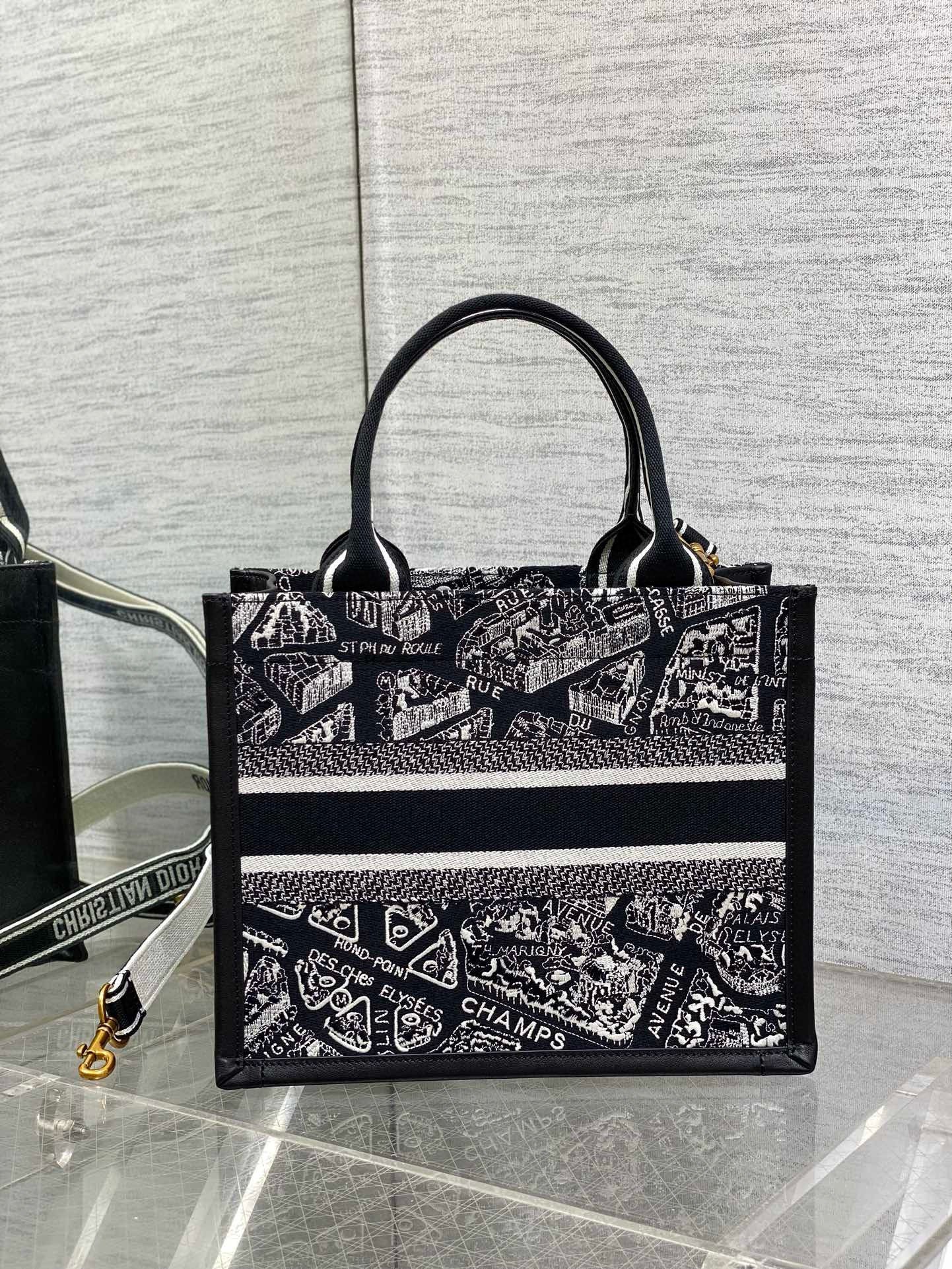 Dior Small Book Tote Bag with Strap in Plan de Paris Embroidery and Black Calfskin